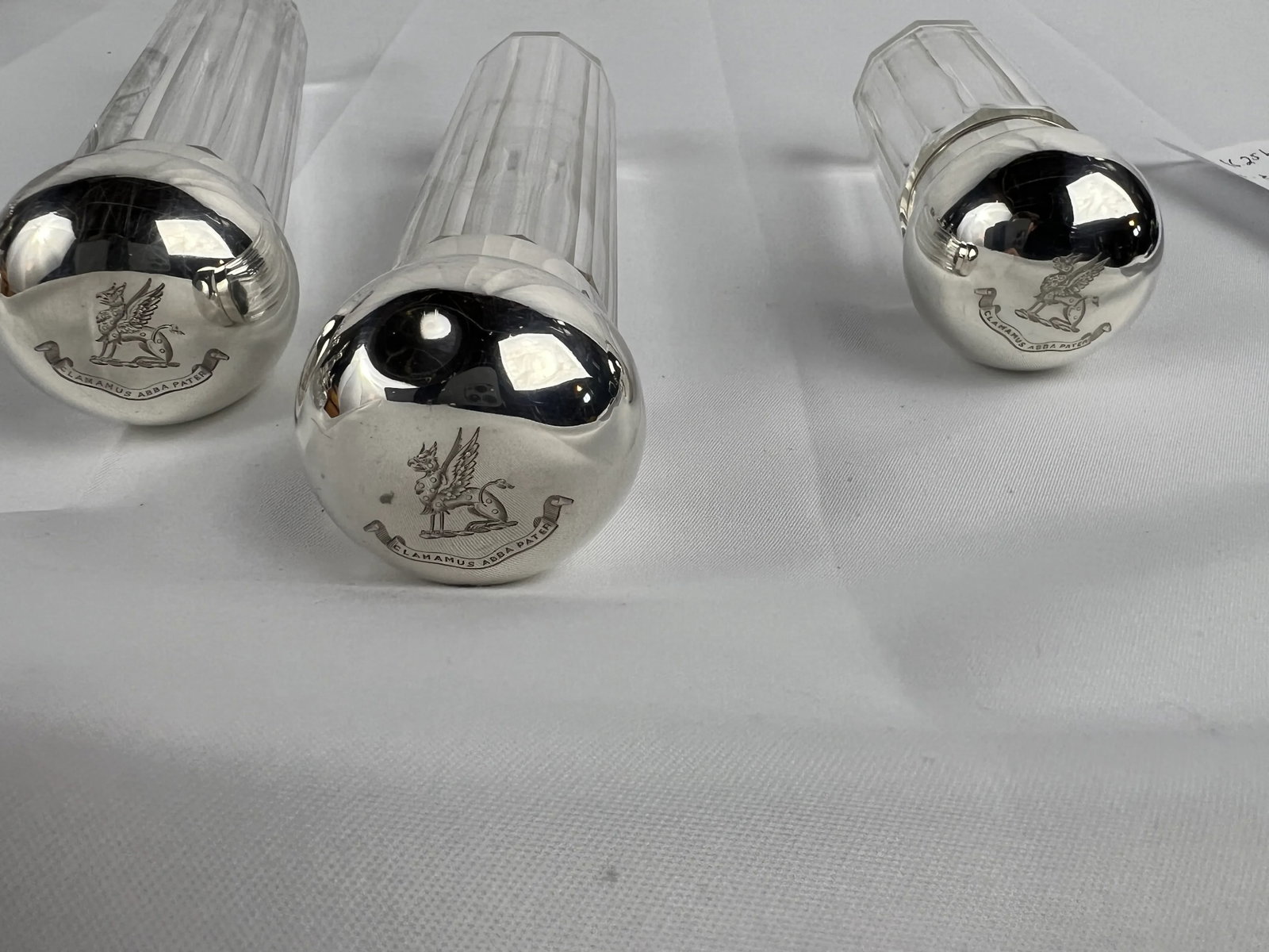 3 Pc, Henry Greaves "Clamamus Abba Pater" Sterling Silver & Crystal Dresser Jars - 6