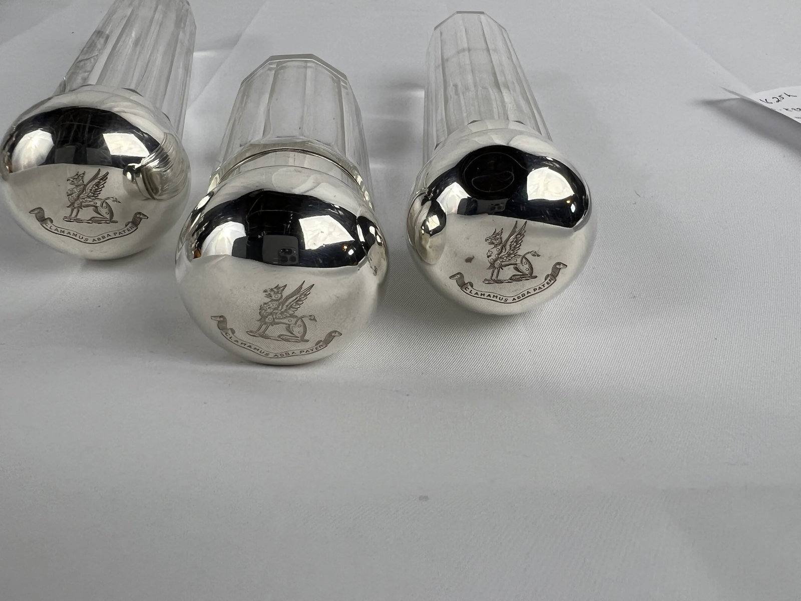 3 Pc, Henry Greaves "Clamamus Abba Pater" Sterling Silver & Crystal Dresser Jars - 7