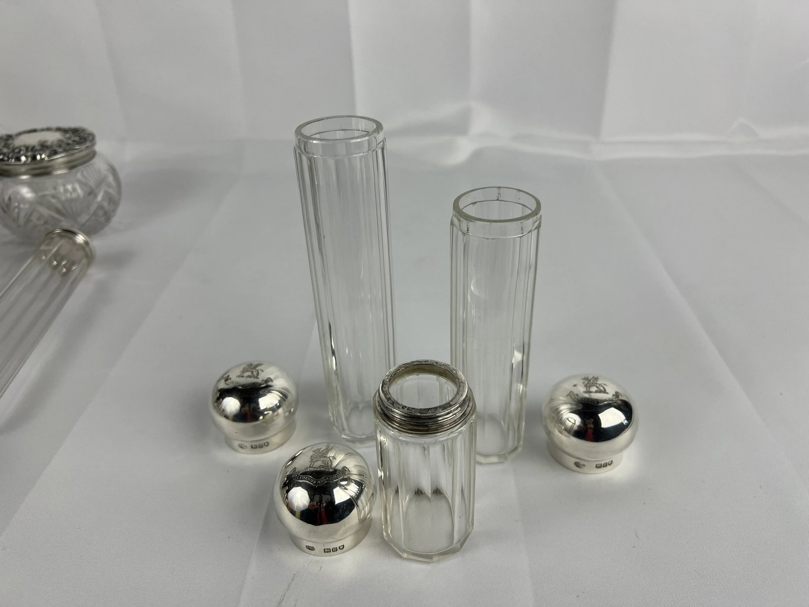 3 Pc, Henry Greaves "Clamamus Abba Pater" Sterling Silver & Crystal Dresser Jars - 8