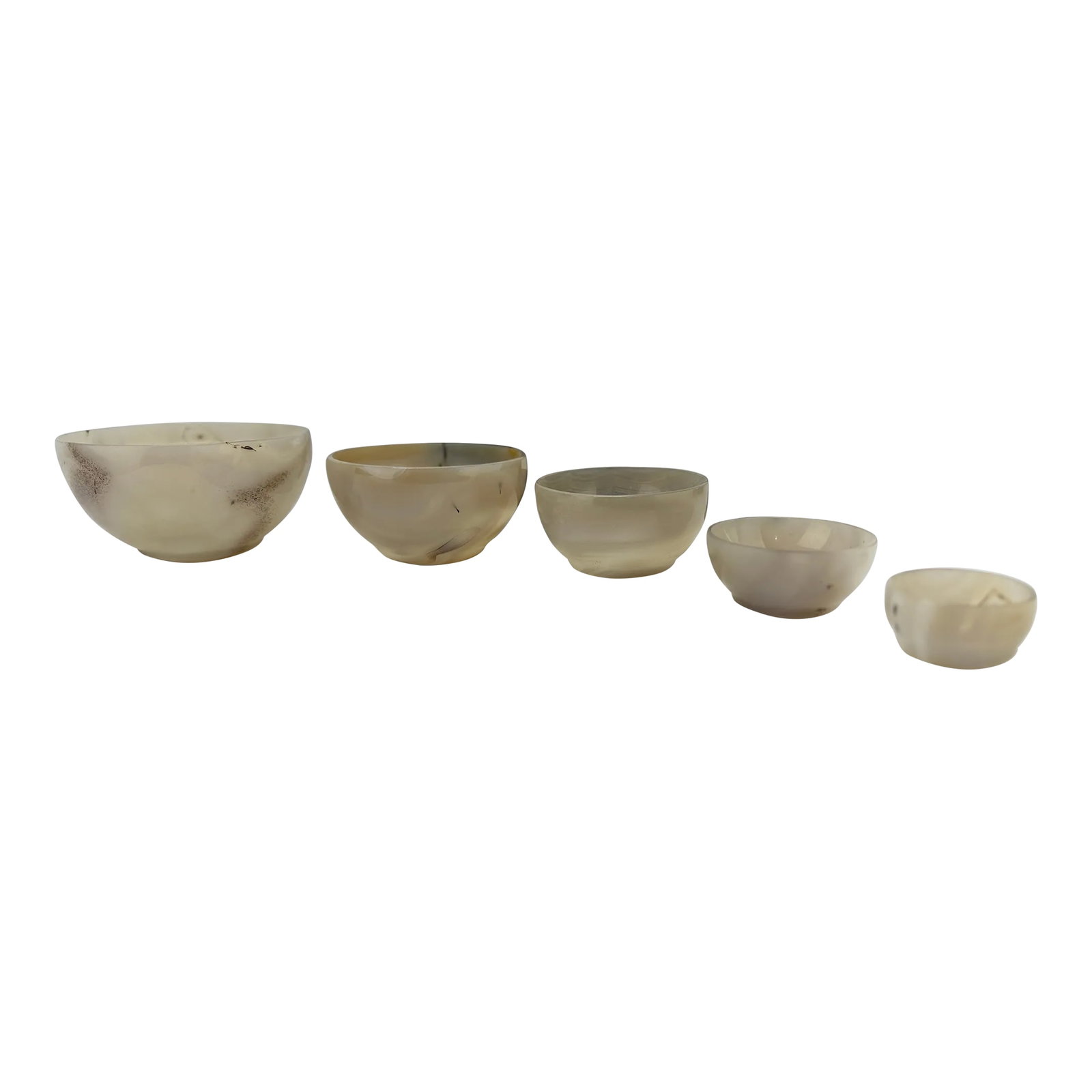 Nesting Set of 5 Carved Agate Bowls & Display - Artisan Signed: A captivating nesting set of five carved agate bowls, each meticulously crafted from a single piece of natural agate. This set exemplifies the harmonious balance between artistry and nature, showcasin
