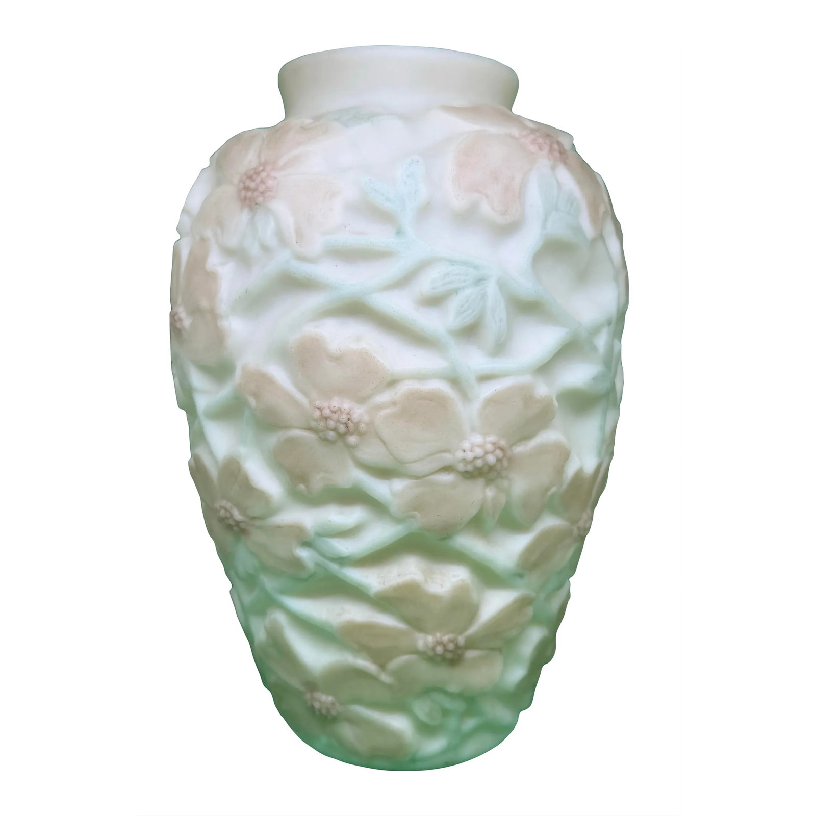 Early 20th Century Art Deco Phoenix Consolidated Glass Tri-Color Dogwood Flowers on Satin Custard De: Beautiful Early 20th Century Art Deco Phoenix Consolidated Glass 10 1/2" Tri-color Tall Vase with Dogwood Flowers on a Satin Custard Design. Bring a tasteful display to your shelves with this Art Deco