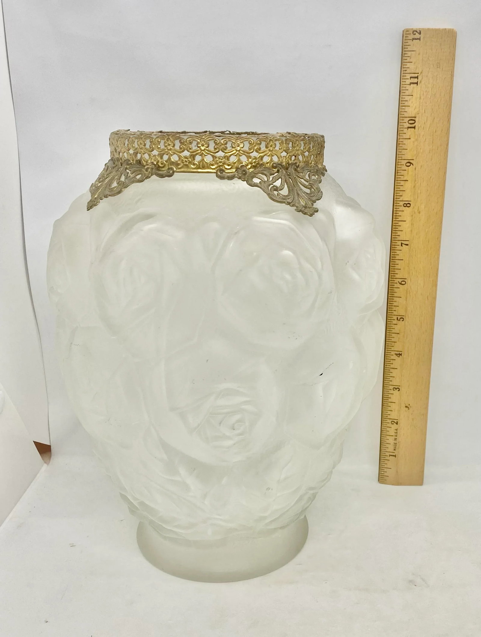 1930's Barolac Molded Frosted Art Glass Vase With Roses Design Czech Artist Joseph Inwald - 10