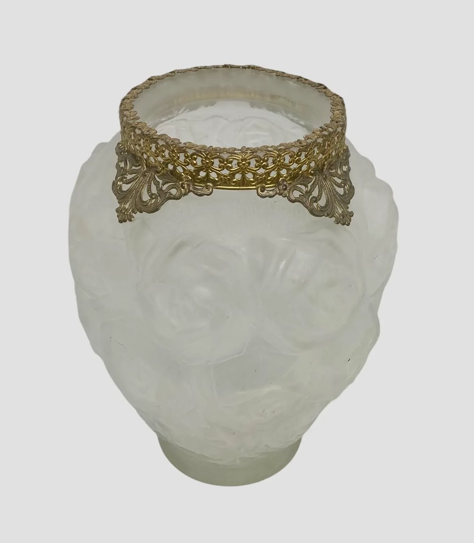 1930's Barolac Molded Frosted Art Glass Vase With Roses Design Czech Artist Joseph Inwald - 12