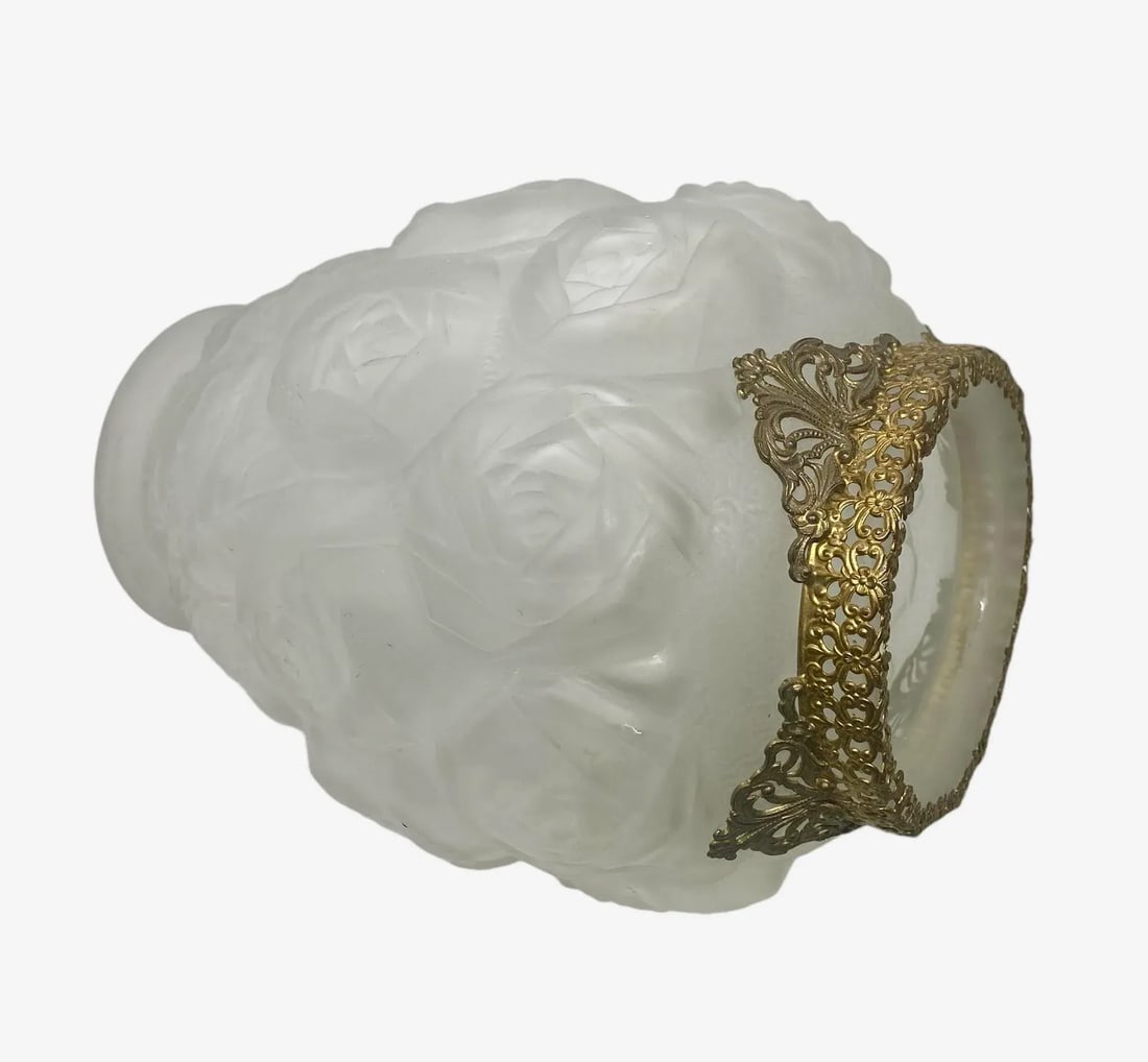 1930's Barolac Molded Frosted Art Glass Vase With Roses Design Czech Artist Joseph Inwald - 7