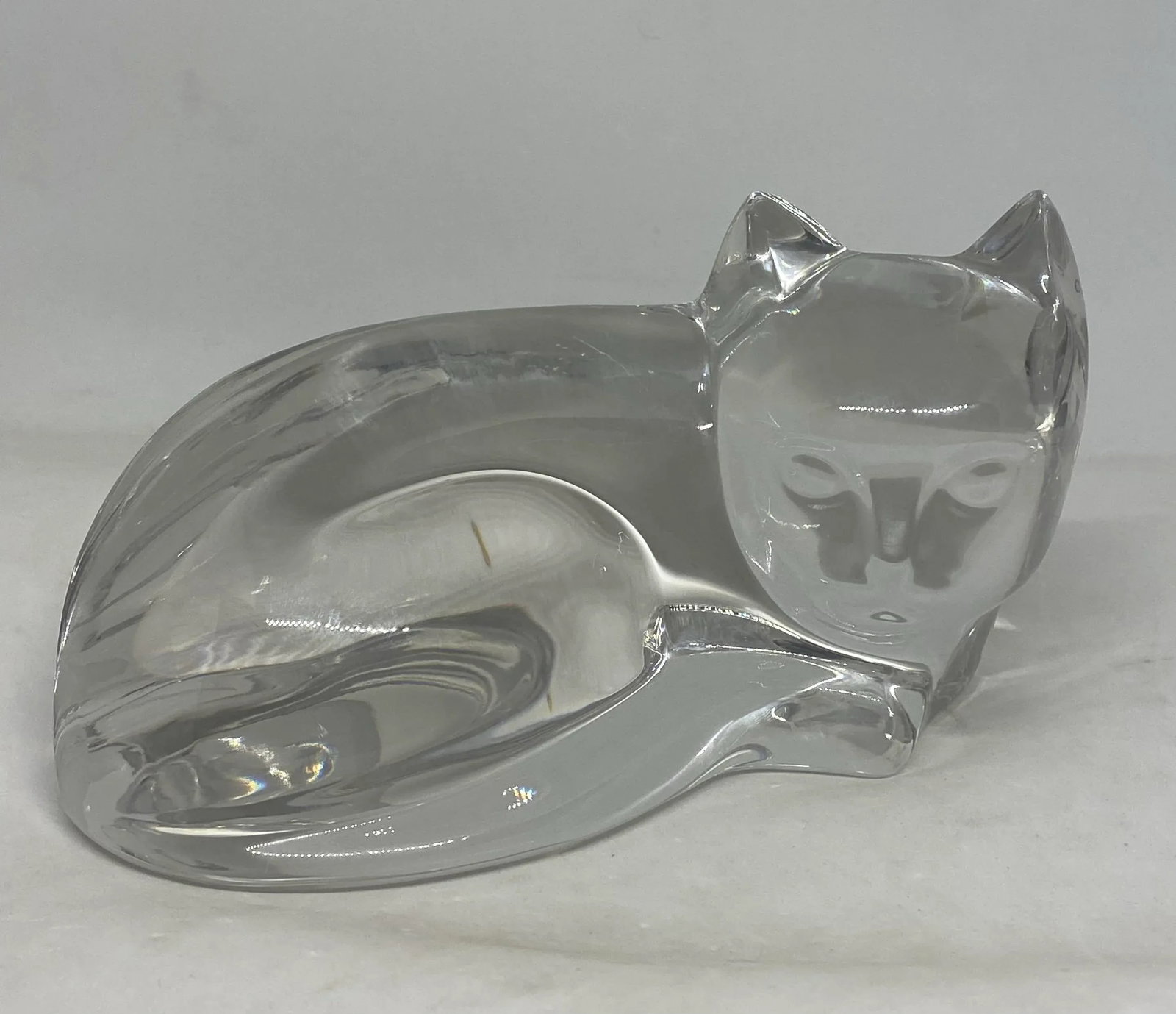 Late 20th Century Val St. Lambert Large Crystal Clear Curled Up Cat Figurine Signed De Sousa - 12