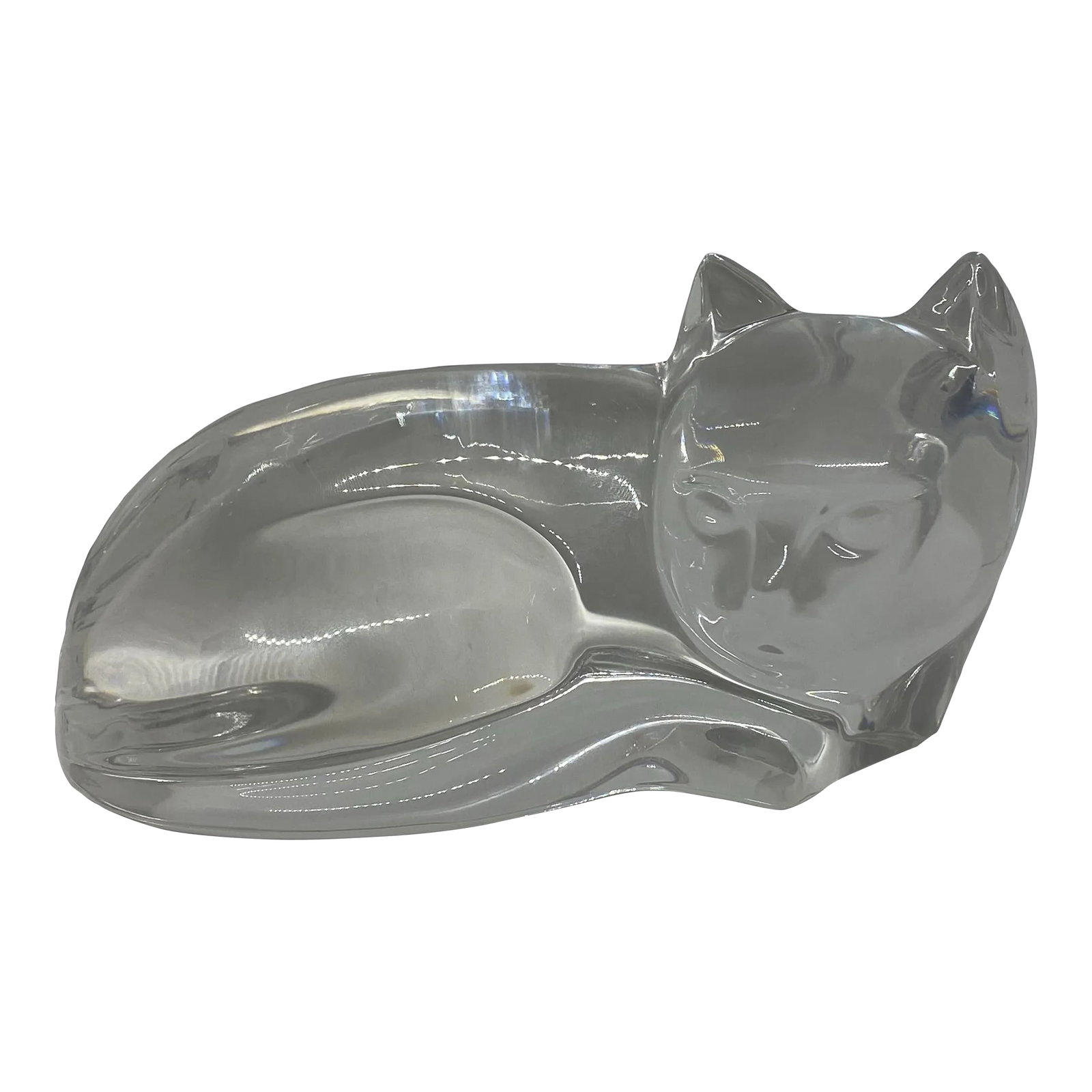 Late 20th Century Val St. Lambert Large Crystal Clear Curled Up Cat Figurine Signed De Sousa: Late 20th Century Val St. Lambert Large Crystal Clear 6 3/4" Curled Up Cat Figurine Collectible. Signed by Designer Katherine DeSousa. Add a touch of elegance to your home decor with this exquisite 19