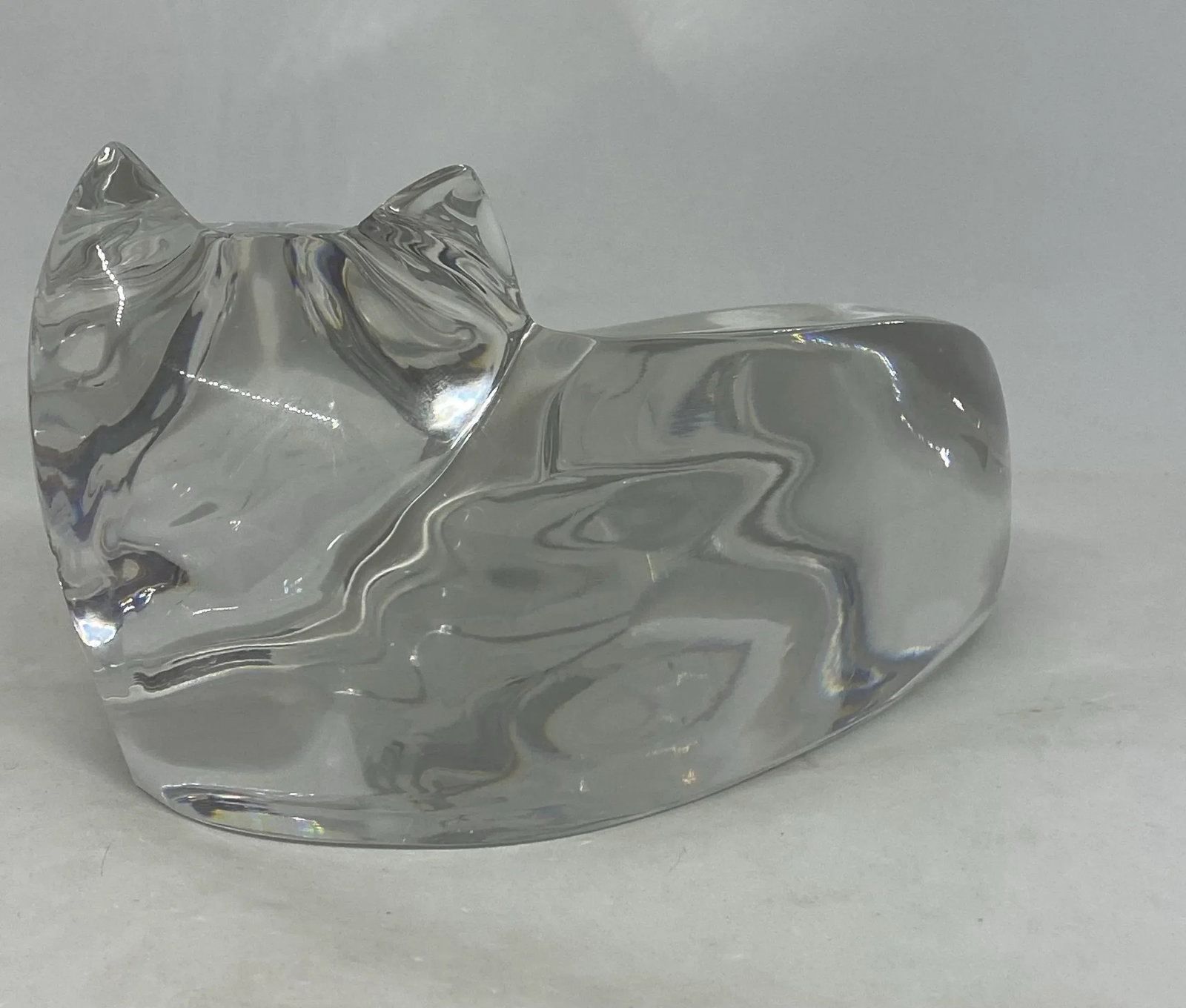 Late 20th Century Val St. Lambert Large Crystal Clear Curled Up Cat Figurine Signed De Sousa - 2