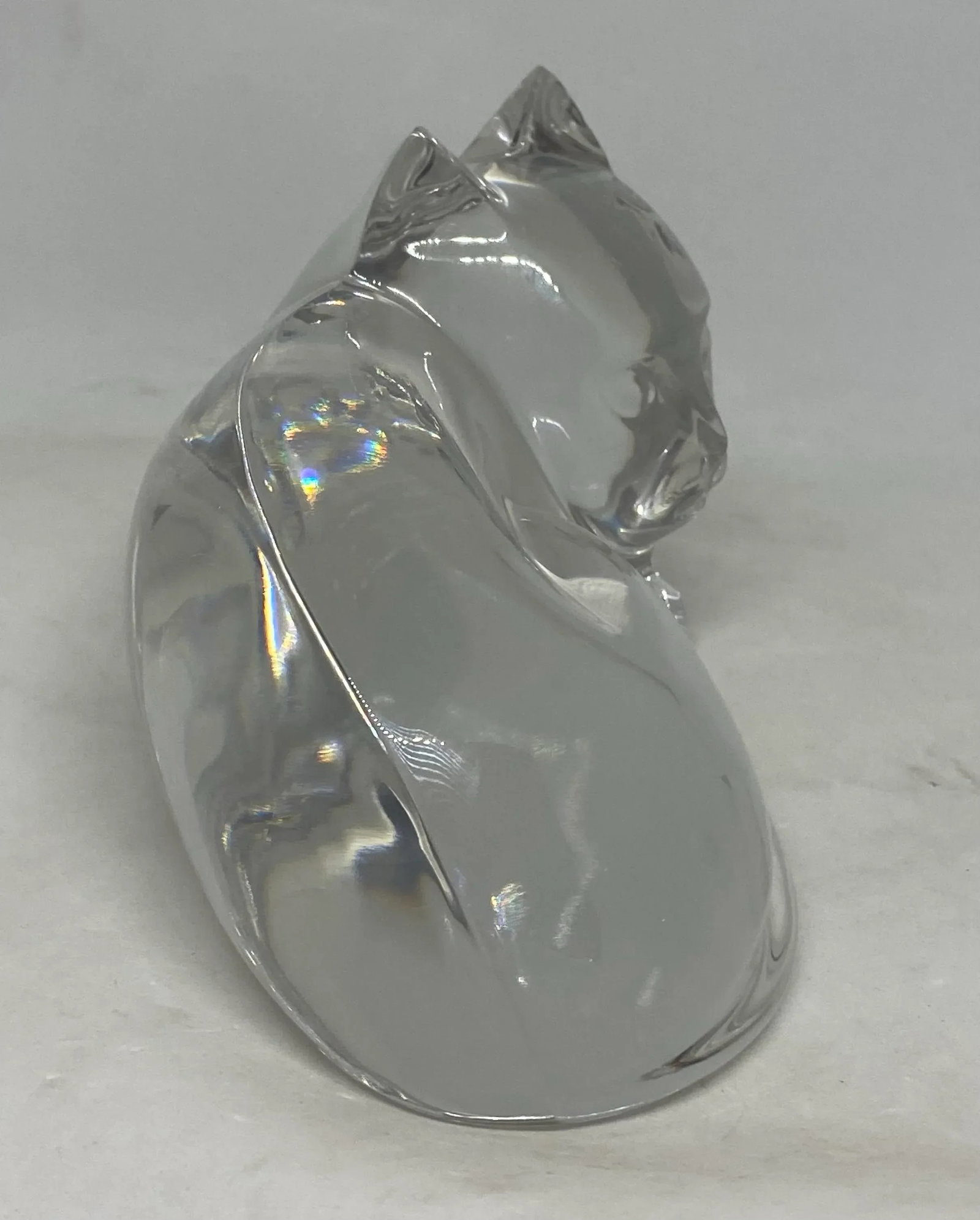 Late 20th Century Val St. Lambert Large Crystal Clear Curled Up Cat Figurine Signed De Sousa - 4