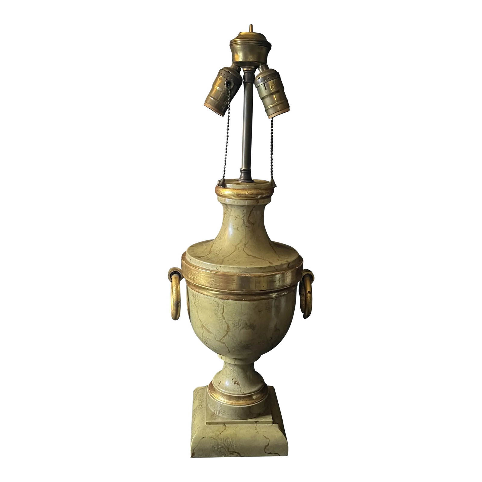 1980s Hollywood Regency Urn Style Lamp: Exquisite Urn Style Lamp Faux marble with finial MCM Hollywood Regency Marked Made in Japan Excellent Condition Lampshade has no dents or flaws Double lamping with pull strings Inline switch Base: