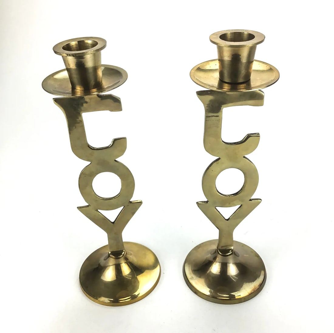 Solid Brass Pair of Joy Motif Candleholders MCM - 2