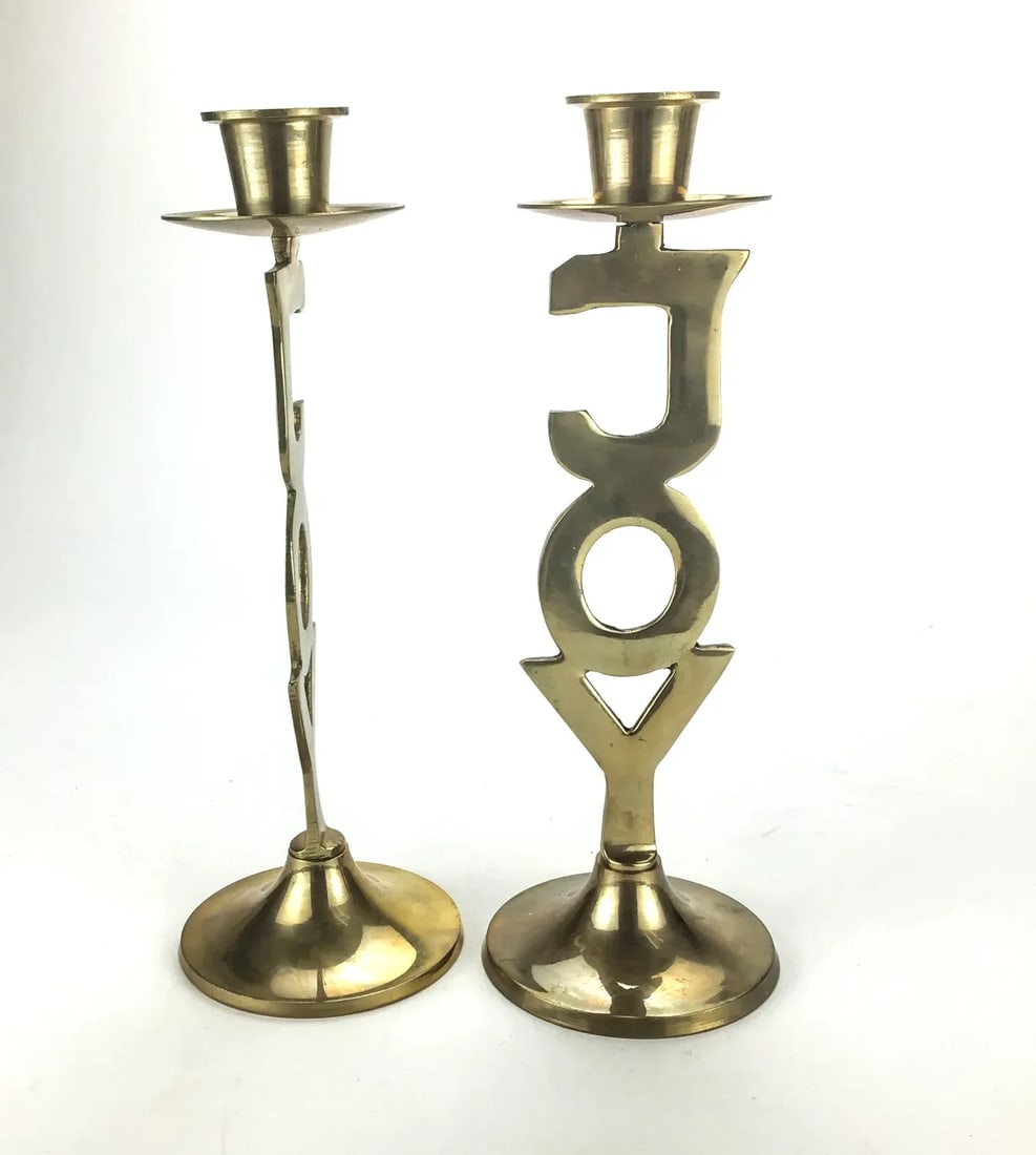 Solid Brass Pair of Joy Motif Candleholders MCM - 6