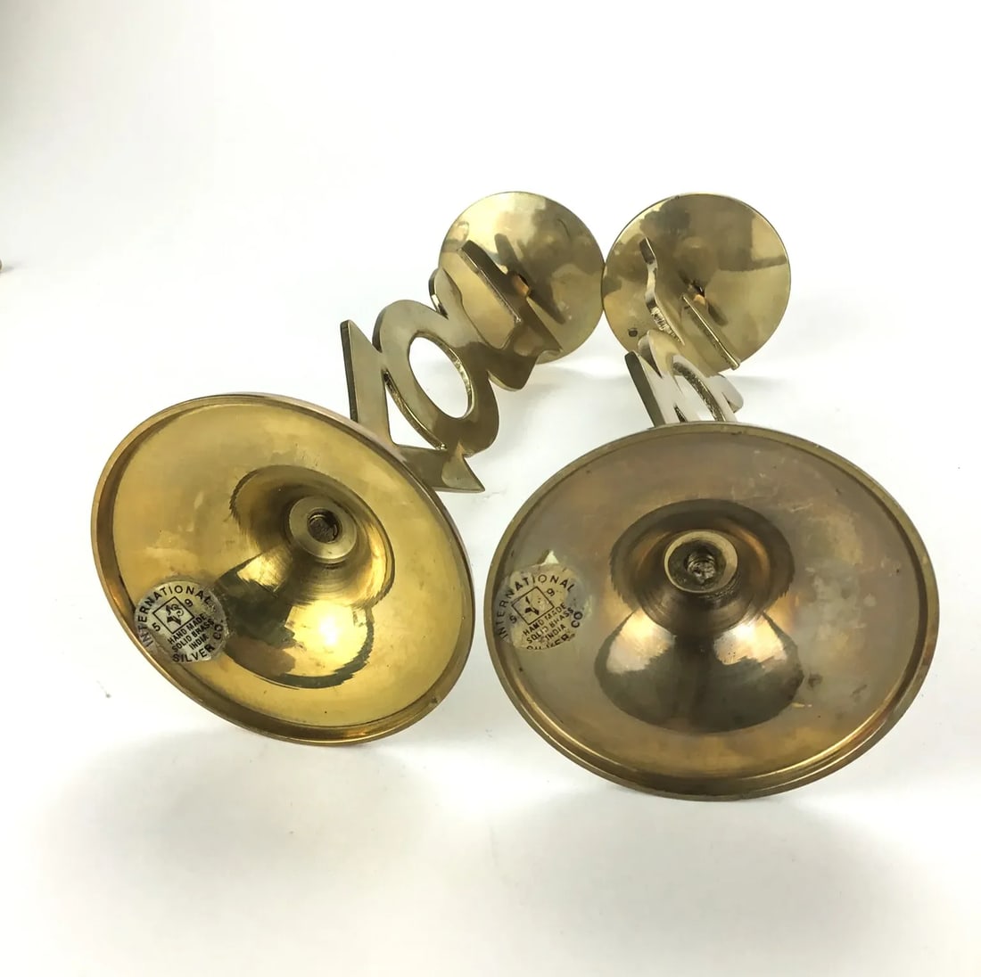 Solid Brass Pair of Joy Motif Candleholders MCM - 8