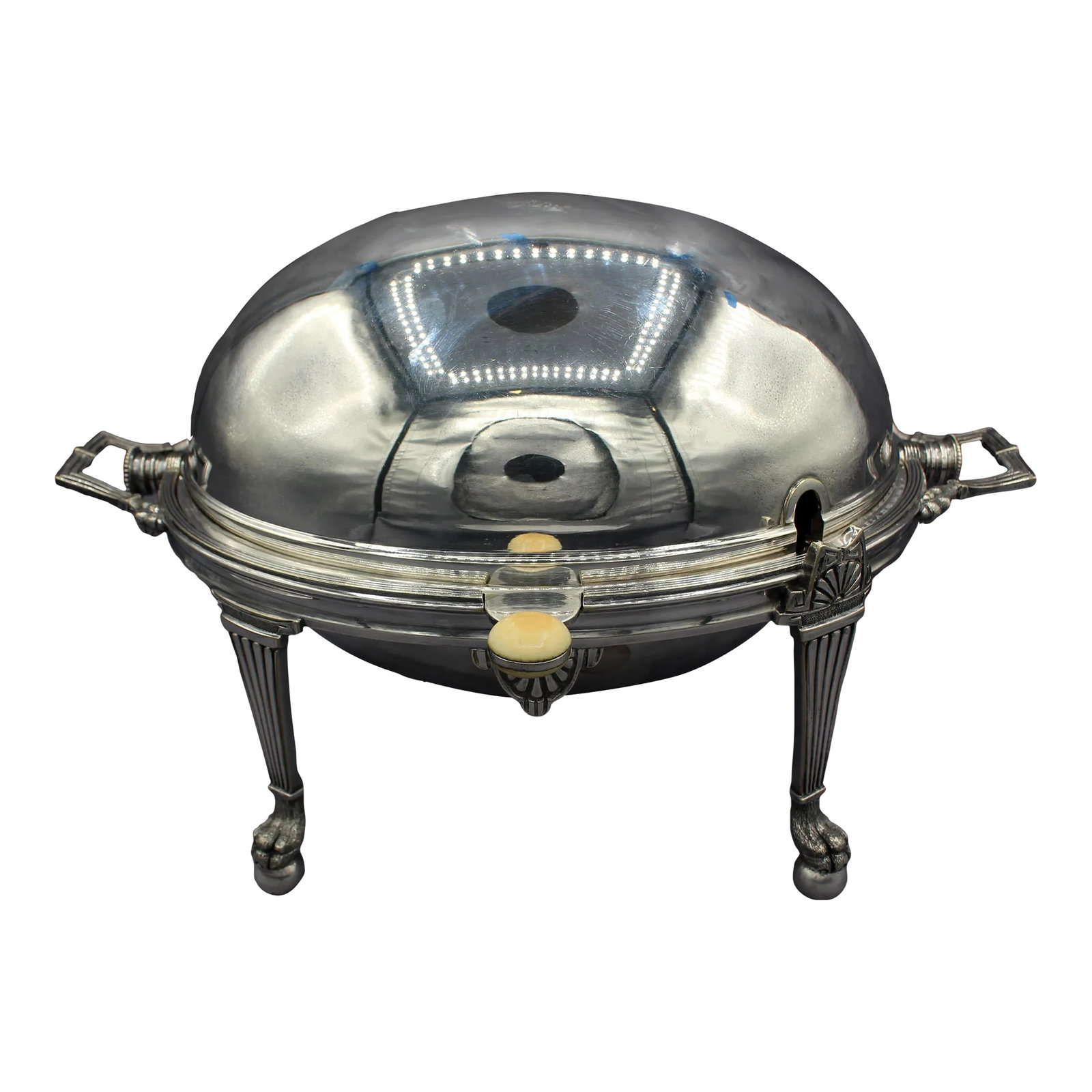 C. 1880s Egyptian Revival English Revolving Hunt Tureen: Circa 1880s Egyptian Revival revolving hunt tureen, English. With inner pans. Exceptionally fine; the decoration employs papyrus & chased lion paw motifs. Ivory insulator button. Also useful with ice 