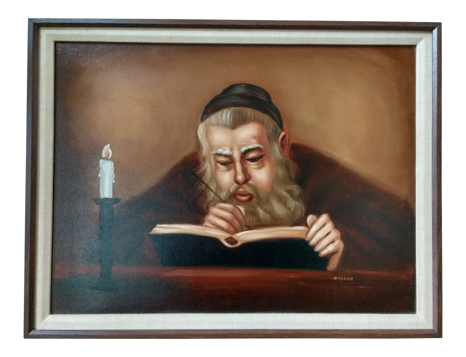 1985 Judaica "Rabbi Writing by Candlelight" Oil Painting on Masonite Board Signed Nissan: Excellent representation of a Jewish Rabbi studying by candlelight. Done in rich earthy brown tones and with golds and ivory tones. It is signed Nissan and carries the inscription on the back