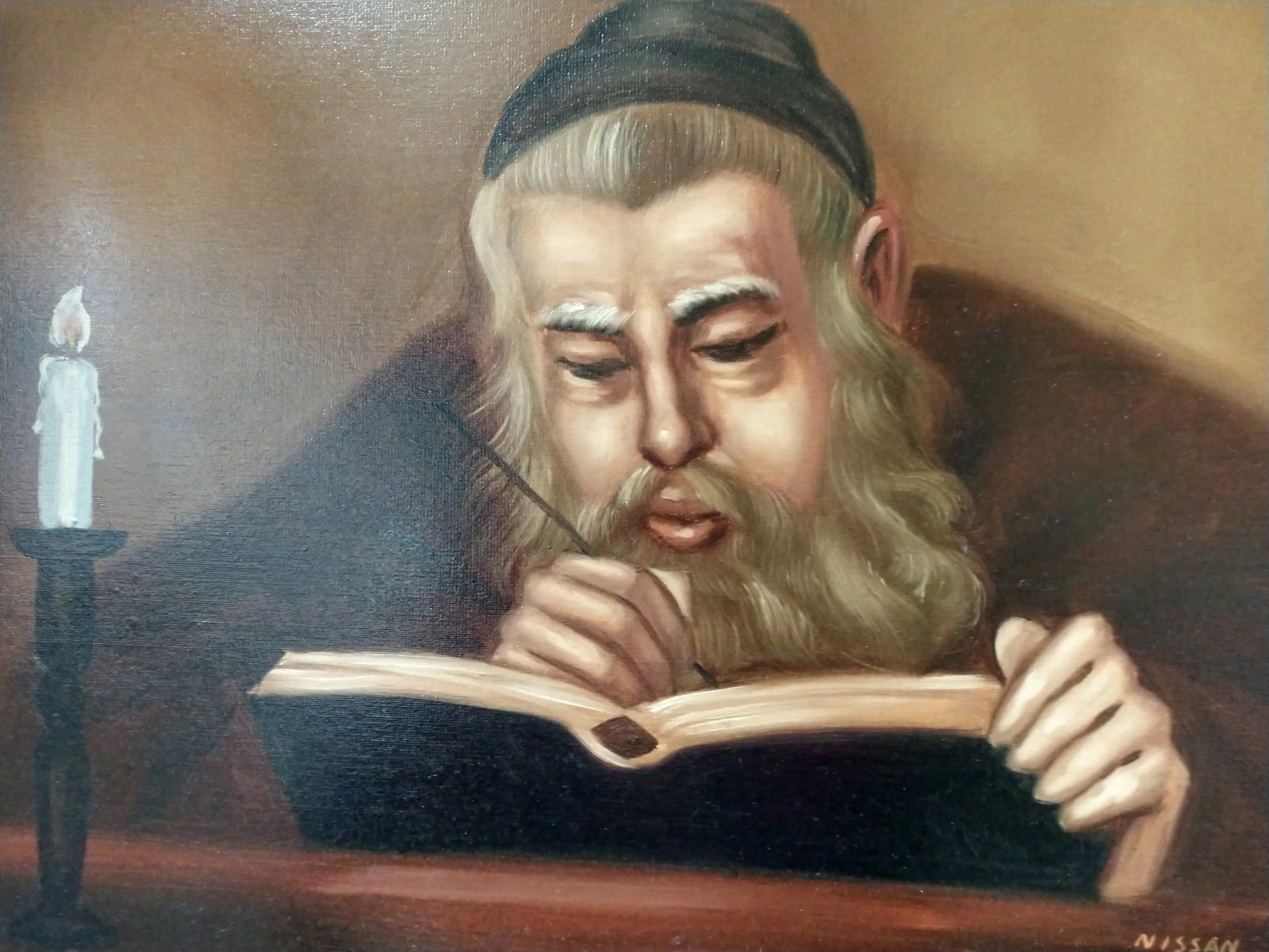 1985 Judaica "Rabbi Writing by Candlelight" Oil Painting on Masonite Board Signed Nissan - 2