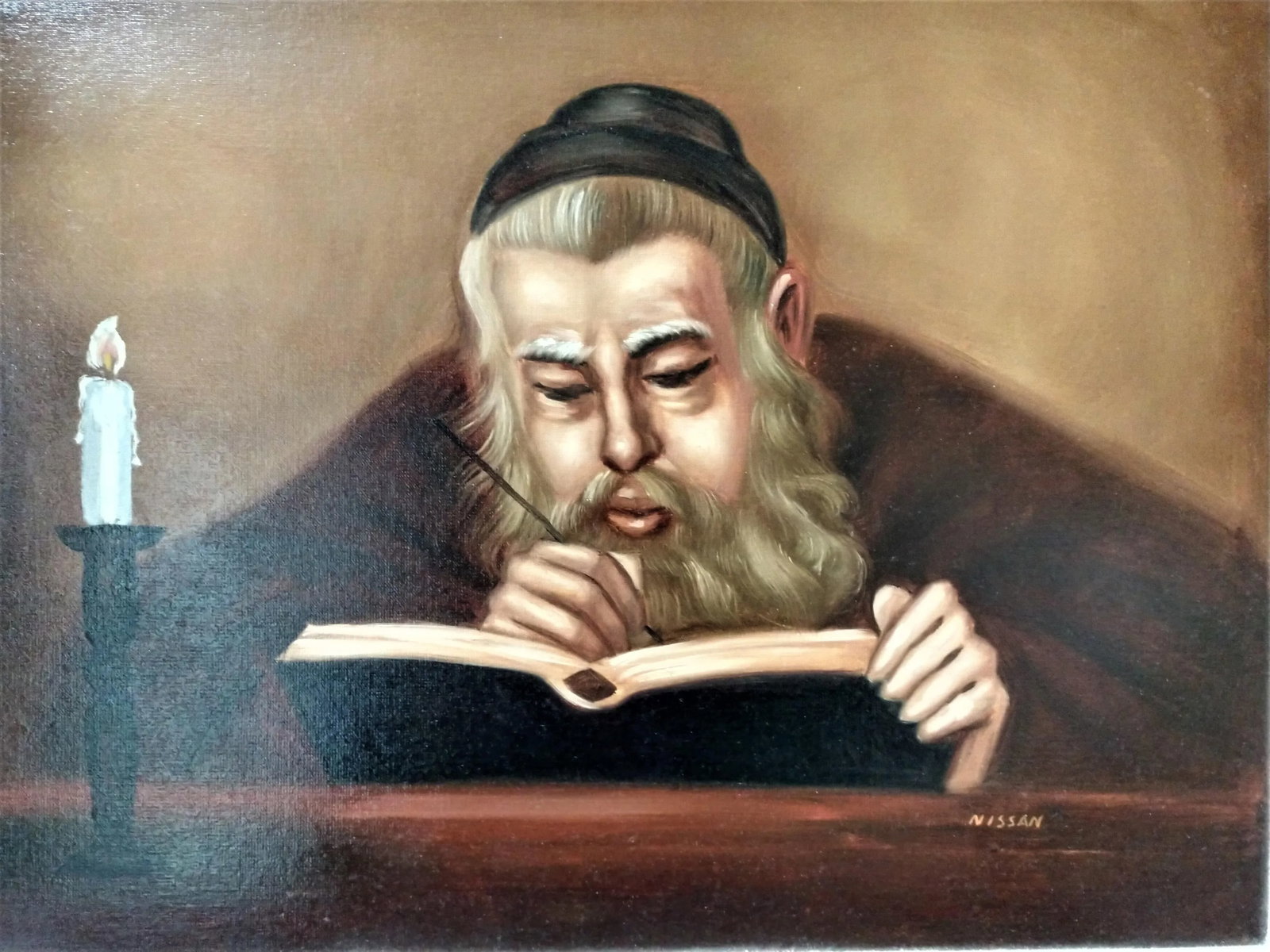 1985 Judaica "Rabbi Writing by Candlelight" Oil Painting on Masonite Board Signed Nissan - 4