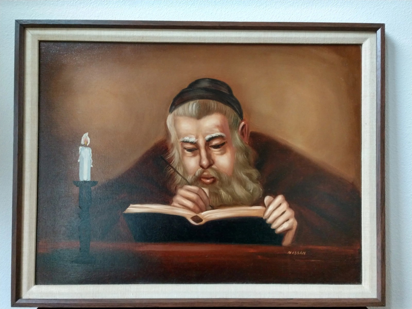 1985 Judaica "Rabbi Writing by Candlelight" Oil Painting on Masonite Board Signed Nissan - 7