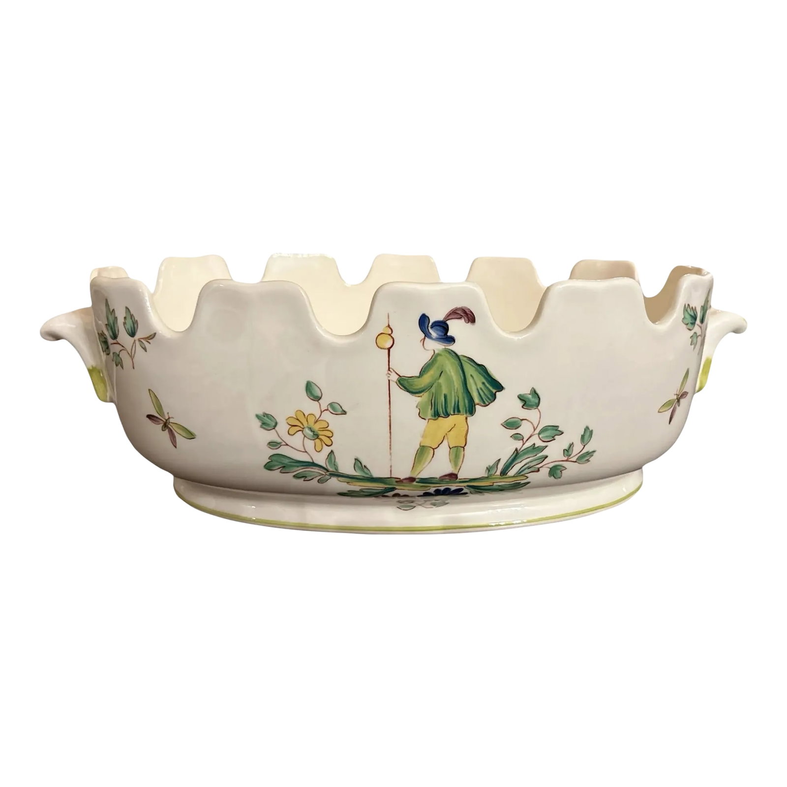 Early 20th Century Longchamp Ceramic Painted Cachepot: Gorgeous painted French cachepot. The scene is a man among flowers. The vessel has sawtooth edge and molded handles. Condition: Alterations: Original Condition Unaltered Imperfections: Some