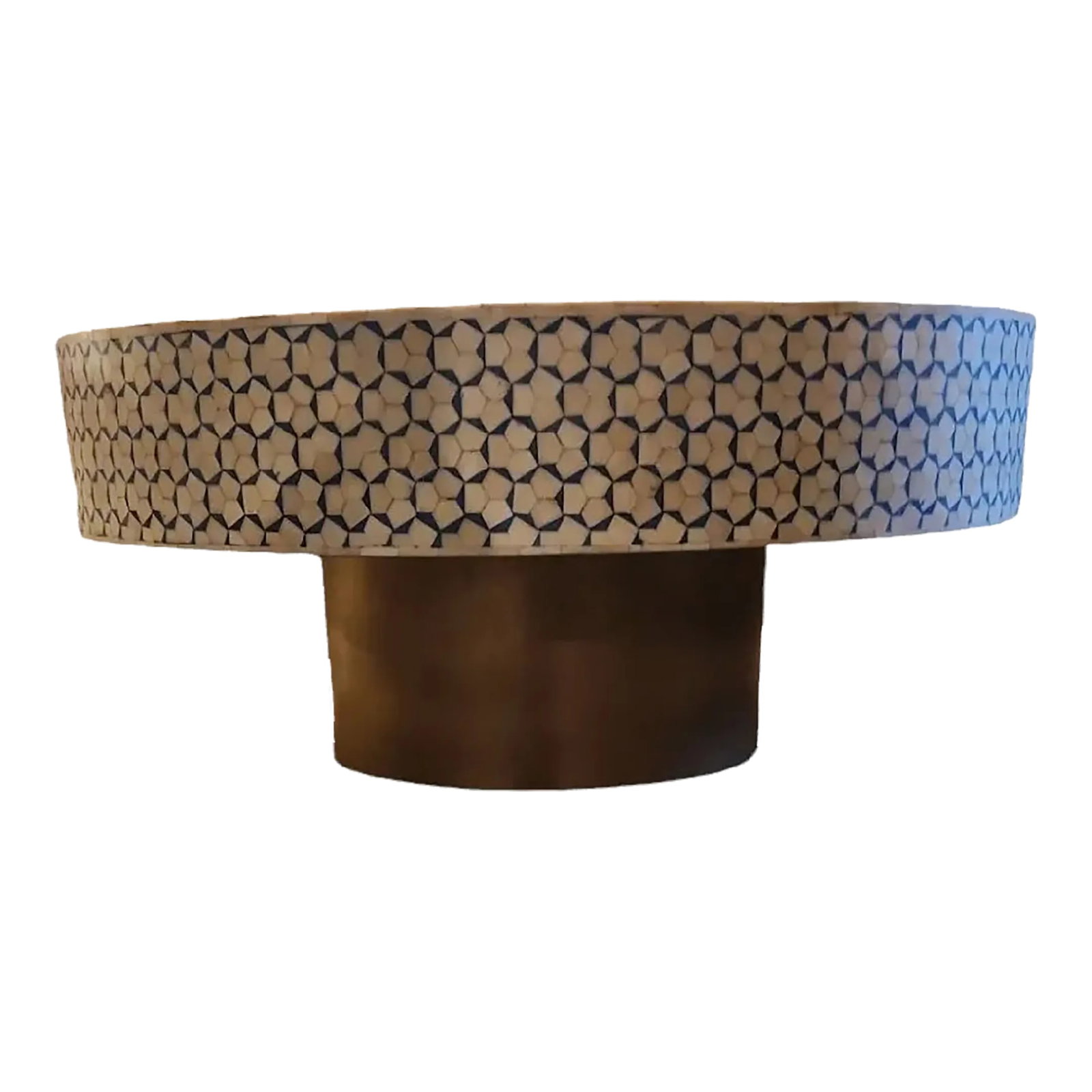 Moroccan Coffee Table: Fun blue and white tiled round coffee table on a gold base. Condition: Alterations: Unknown Imperfections: Some Imperfections Condition Notes: Some repairs may have been made, hard to tell. see