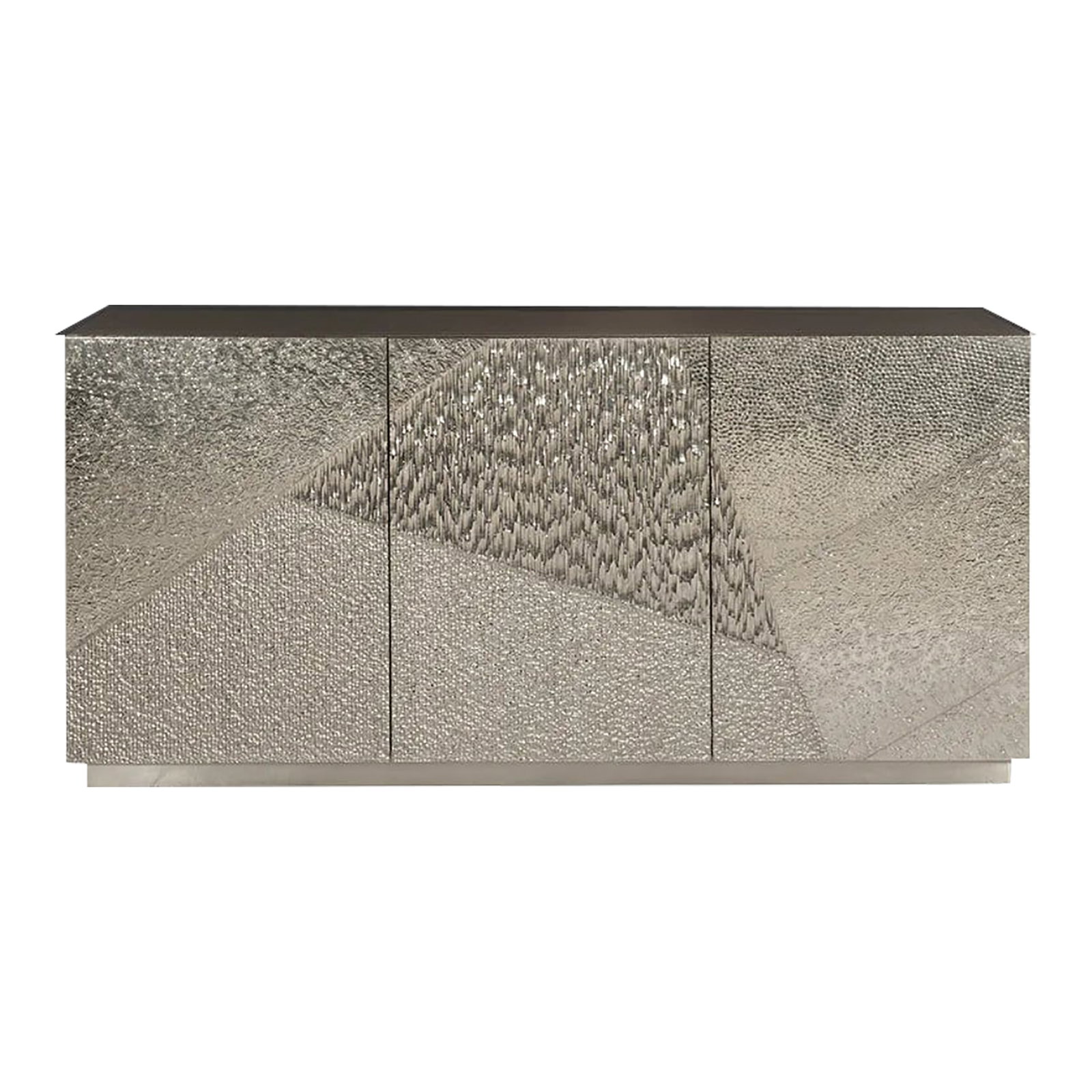 Barnhart Metal Sideboard: The Gatlin buffet offers style, storage, and textural sophistication in one design. Featuring four distinct patterns, the three doors are clad in gleaming German silver. Open them to reveal an