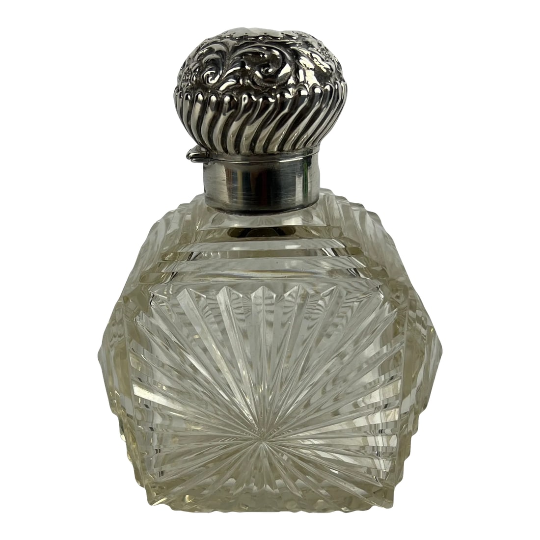 Unusual British Sterling Silver & Cut Glass Repousse Perfume Bottle (1 of 8)