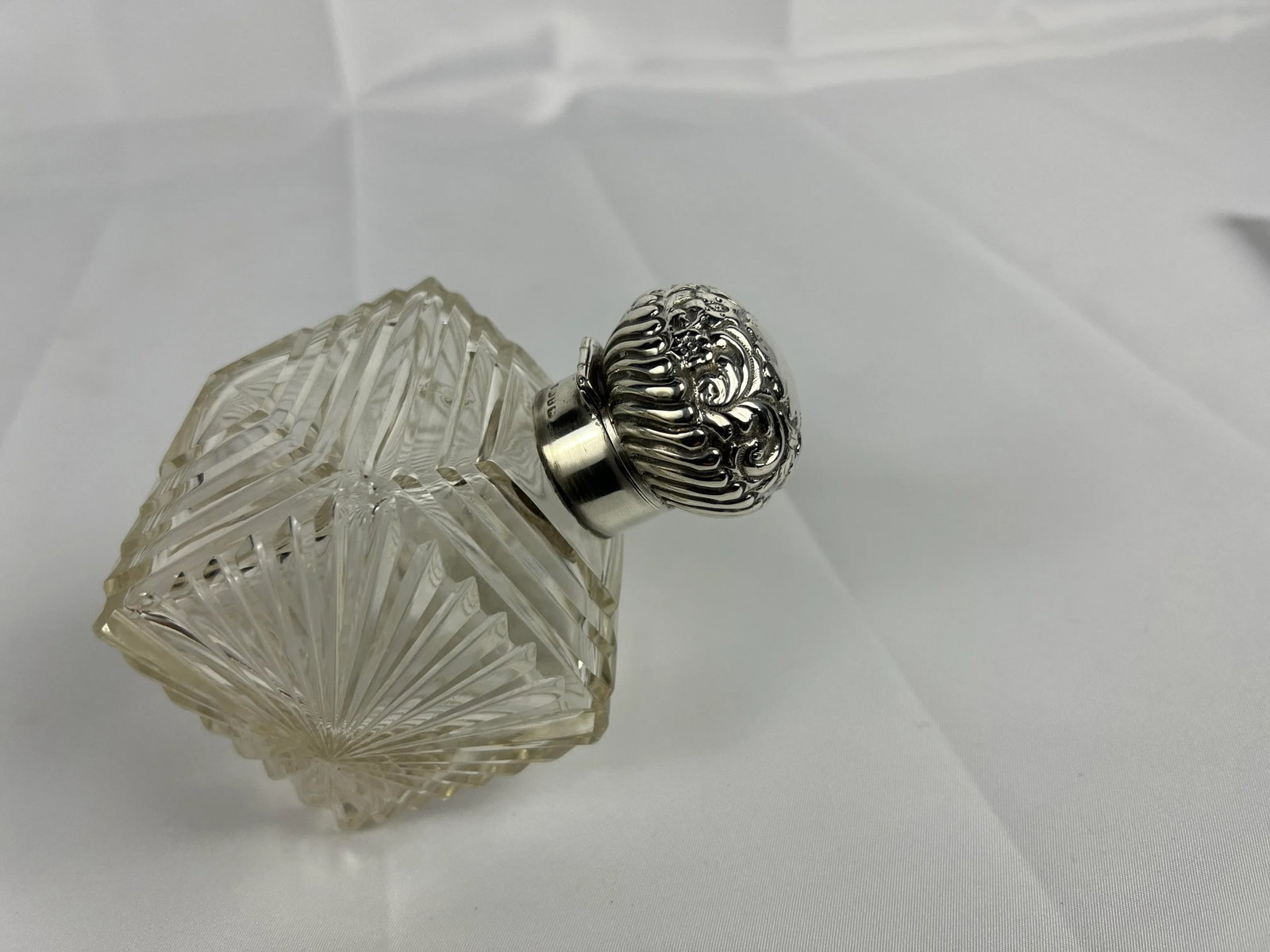 Unusual British Sterling Silver & Cut Glass Repousse Perfume Bottle - 3