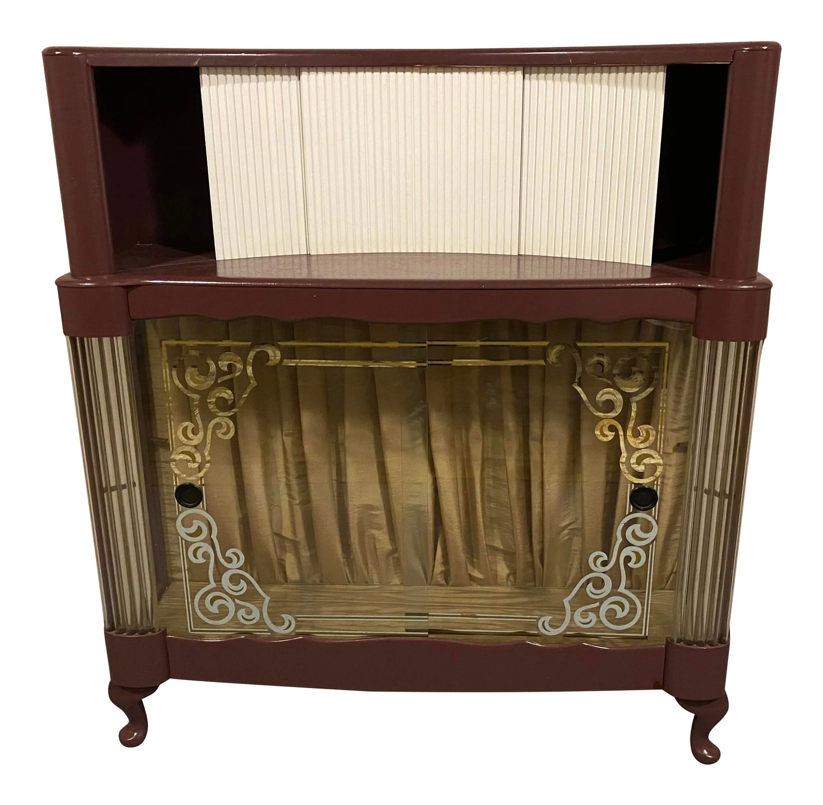 1920s Vintage Barber Shop Cabinet Bar: Funky old barber shop cabinet with a sliding door top and stenciled decorative glass doors below. Painted in a plum purple. Fabric-lined bottom with glass shelf. Would make awesome bar. Fun statement