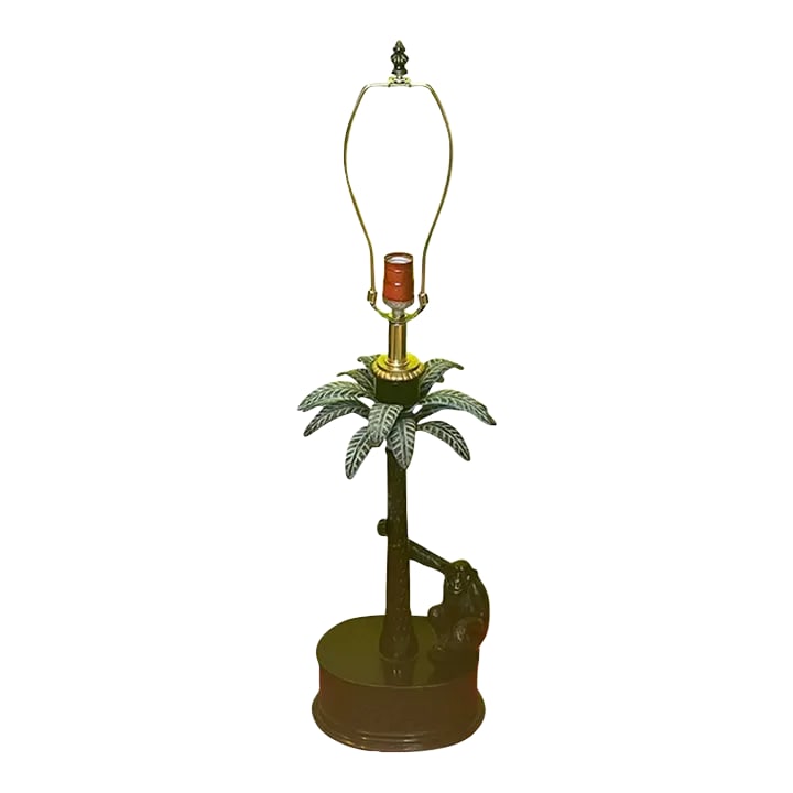 Bronze Palm Tree Chimpanzee Table Lamp -Maitland Smith 1970's: This exquisite bronze table lamp, a masterful creation by Maitland-Smith from the 1970s, is a testament to refined craftsmanship and whimsical elegance. The lamp showcases a beautifully detailed chimp
