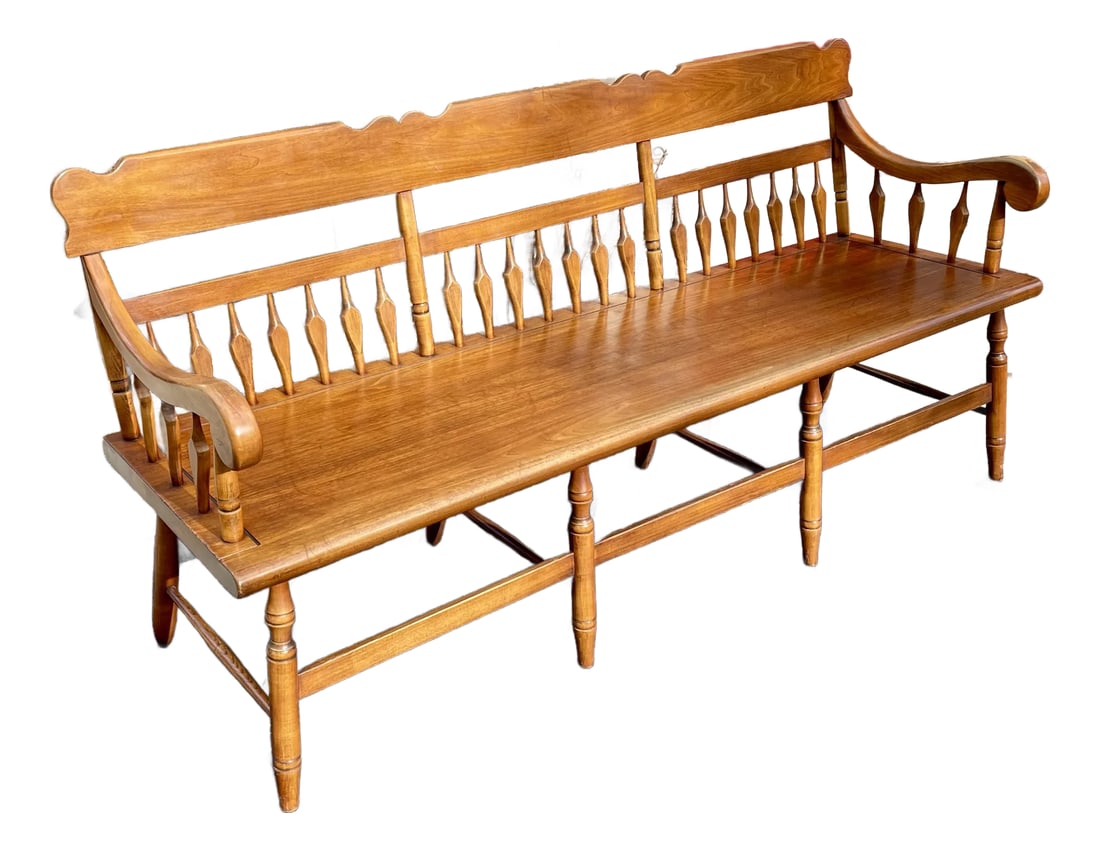 Mid 20th Century Fredrick Duckloe Half-Arrow Back Deacon's Bench: Offered is a vintage deacon's bench made by the company of Frederick Duckloe & Brothers out of Portland Pennsylvania. It's wide enough to comfortably sit three people It shows classic colonial style w