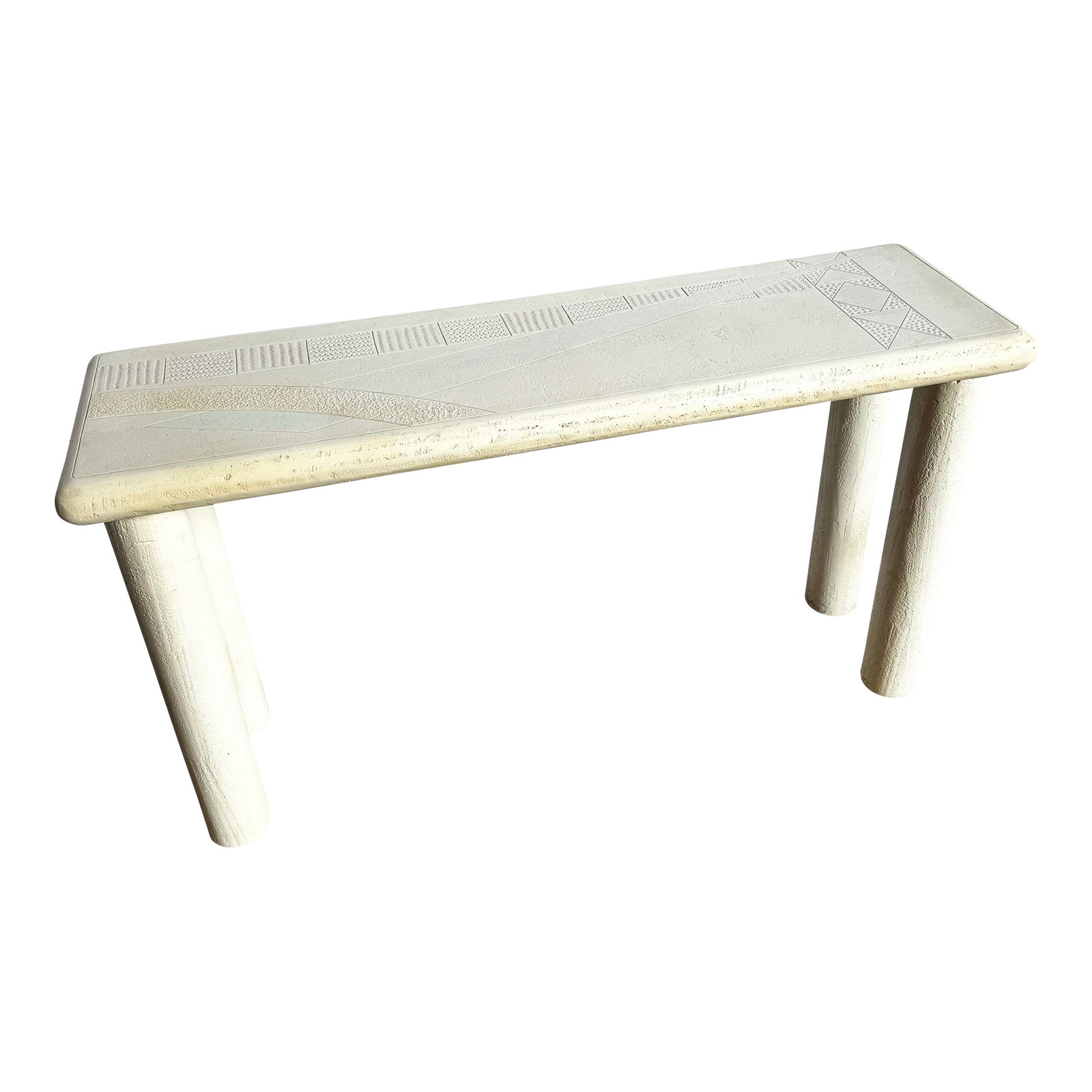 Vintage Postmodern J Berdou Plaster Finished Console Table: This Berdou console table embodies the soft-edged geometry and subtle palette that defined postmodern coastal design. Crafted with a textured plaster finish, its surface reveals hand-etched geometric 