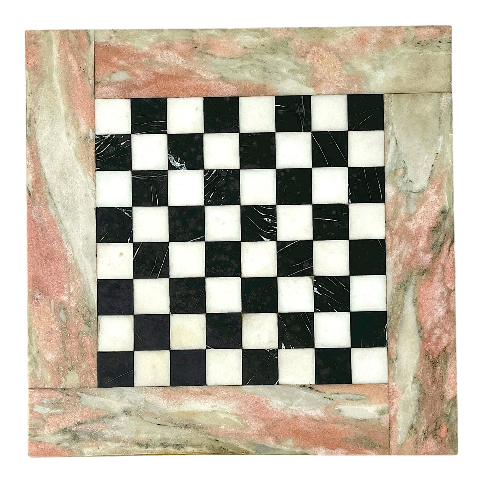 1960s Pink White and Black Marble Checkerboard Tabletop - Square: Striking 1960s checkerboard tabletop, hand-crafted from richly veined marble in hues of blush pink, creamy white, and deep black. Measuring a substantial 24" x 24", this piece can be mounted as a