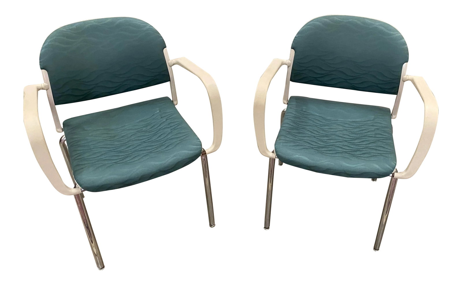 Italian Blue Mid Century Designer Office Chairs by Giancarlo Peretti- A Pair: Beautiful pair of Giancarlo Peretti Chairs in teal blue. Has a spring design to the back and arch support, extremely comfortable. Perfect for the interior designer. Condition: Alterations: Original Co
