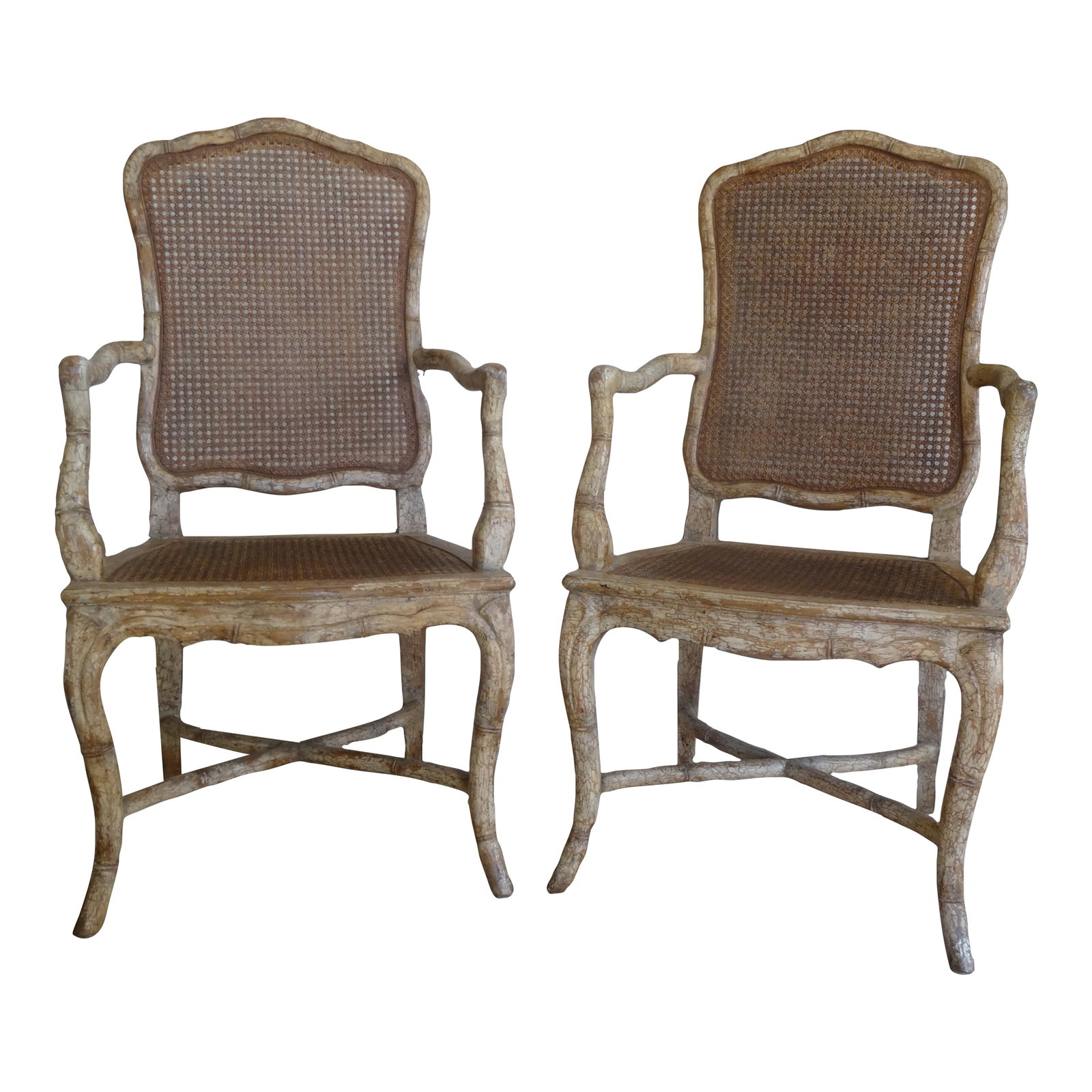 Vintage Faux Bamboo Arm Chairs- a Pair: A fabulous pair of faux bamboo arm chairs in a sophisticated off white crackle finish. with removable seat cushions. Condition: Alterations: Original Condition Unaltered Imperfections: Some Imperfecti