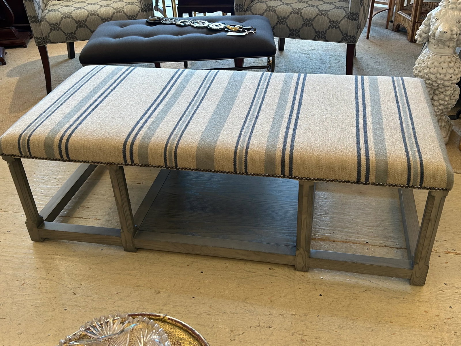 Very Large Classic Grey Wood & Upholstered Striped Ottoman - 10