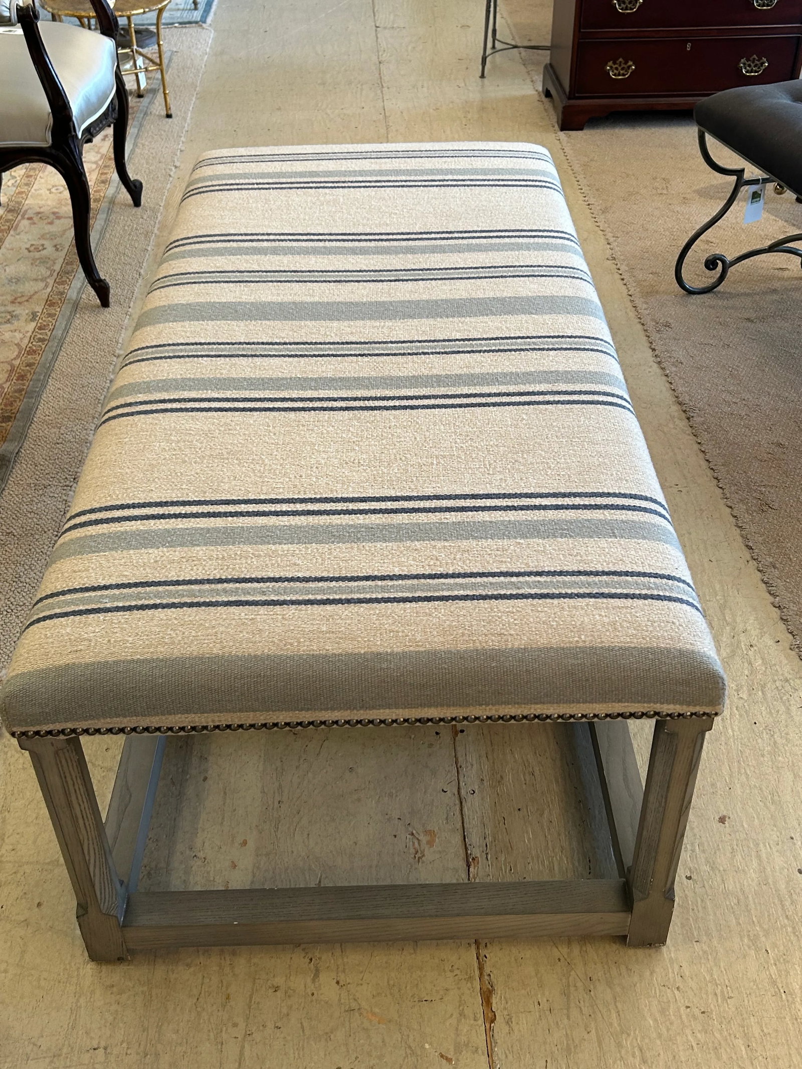 Very Large Classic Grey Wood & Upholstered Striped Ottoman - 12