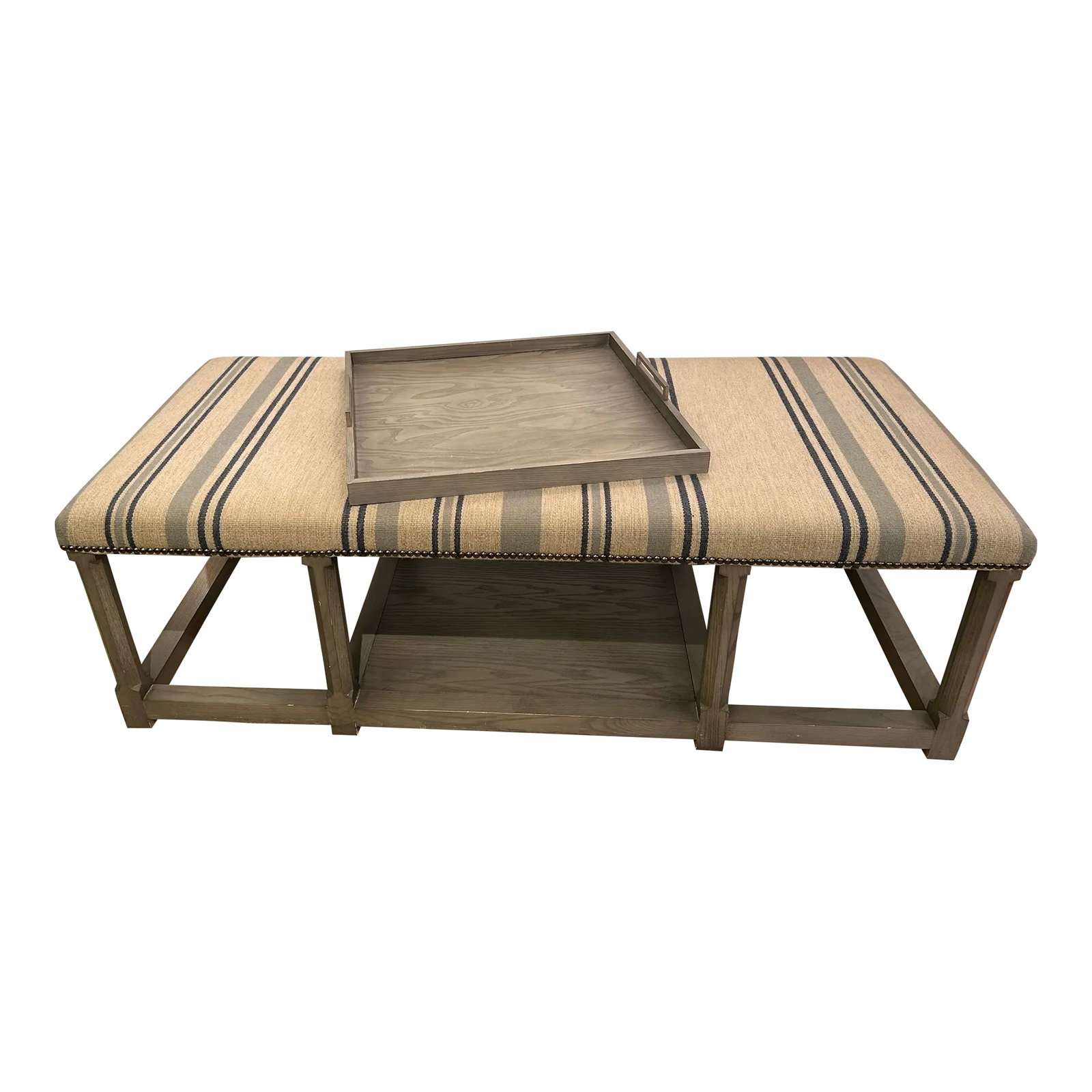 Very Large Classic Grey Wood & Upholstered Striped Ottoman: Stunning large rectangular bench having grey painted base and handsome striped upholstery with storage on lower tier and matching tray. Great at the foot of a bed or as a coffee table. Condition: Alte