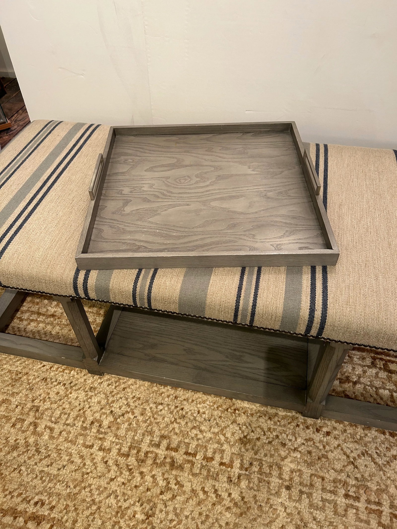 Very Large Classic Grey Wood & Upholstered Striped Ottoman - 2