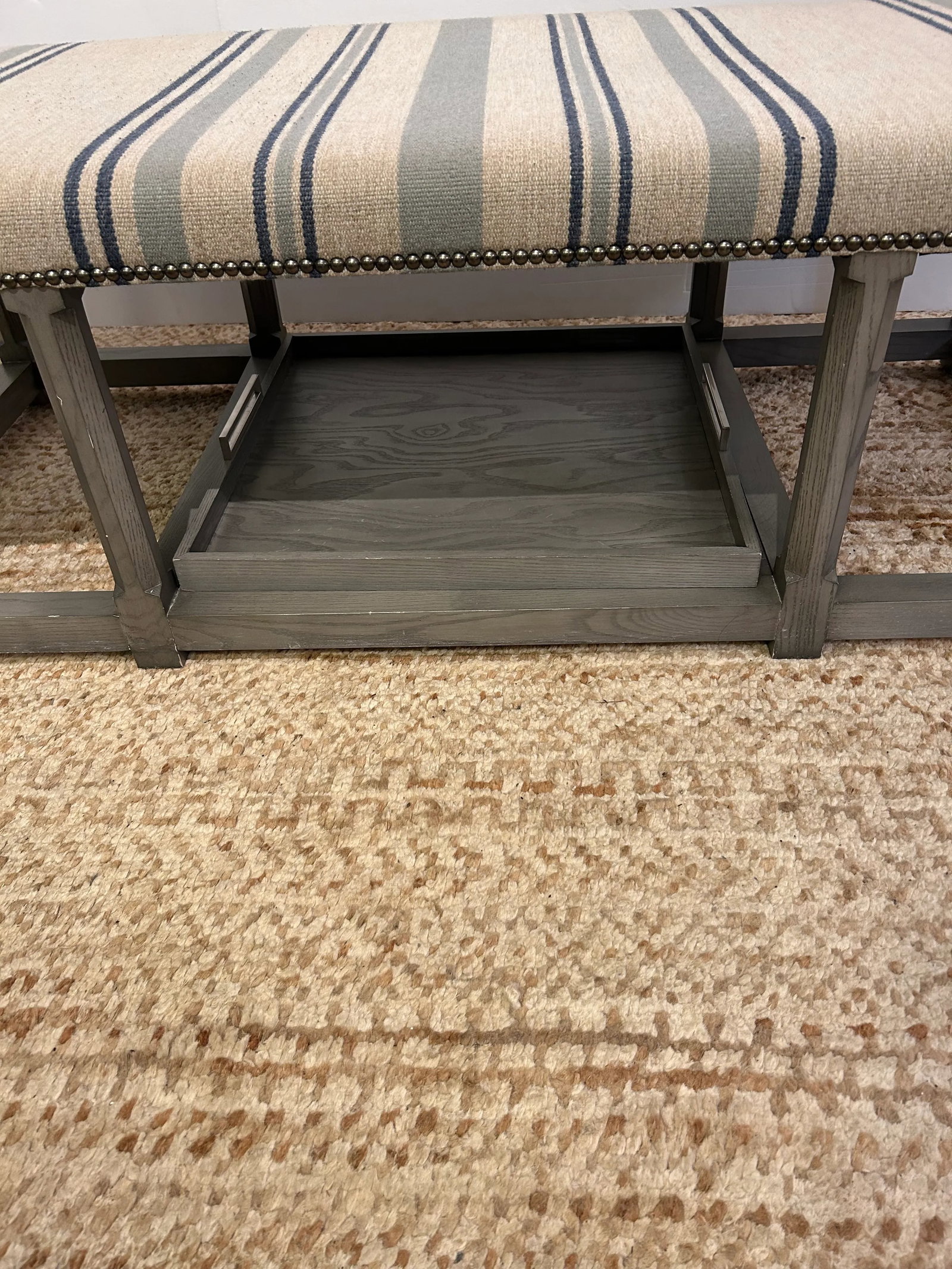 Very Large Classic Grey Wood & Upholstered Striped Ottoman - 3
