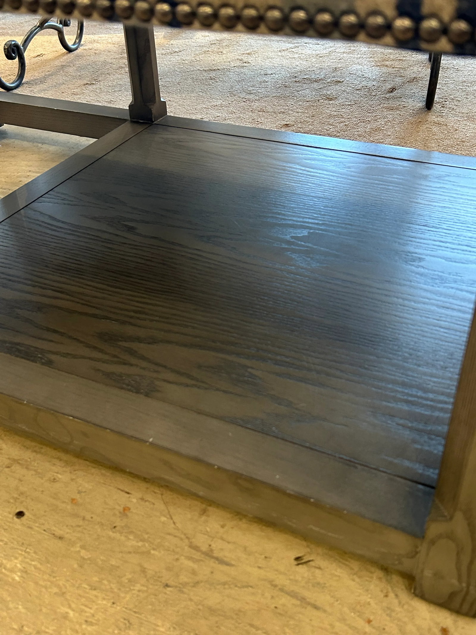 Very Large Classic Grey Wood & Upholstered Striped Ottoman - 4