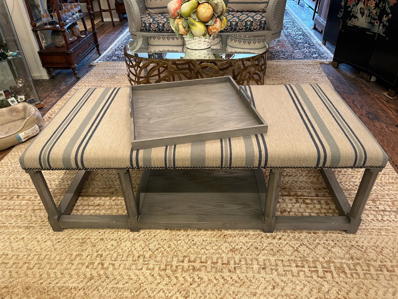 Very Large Classic Grey Wood & Upholstered Striped Ottoman - 5