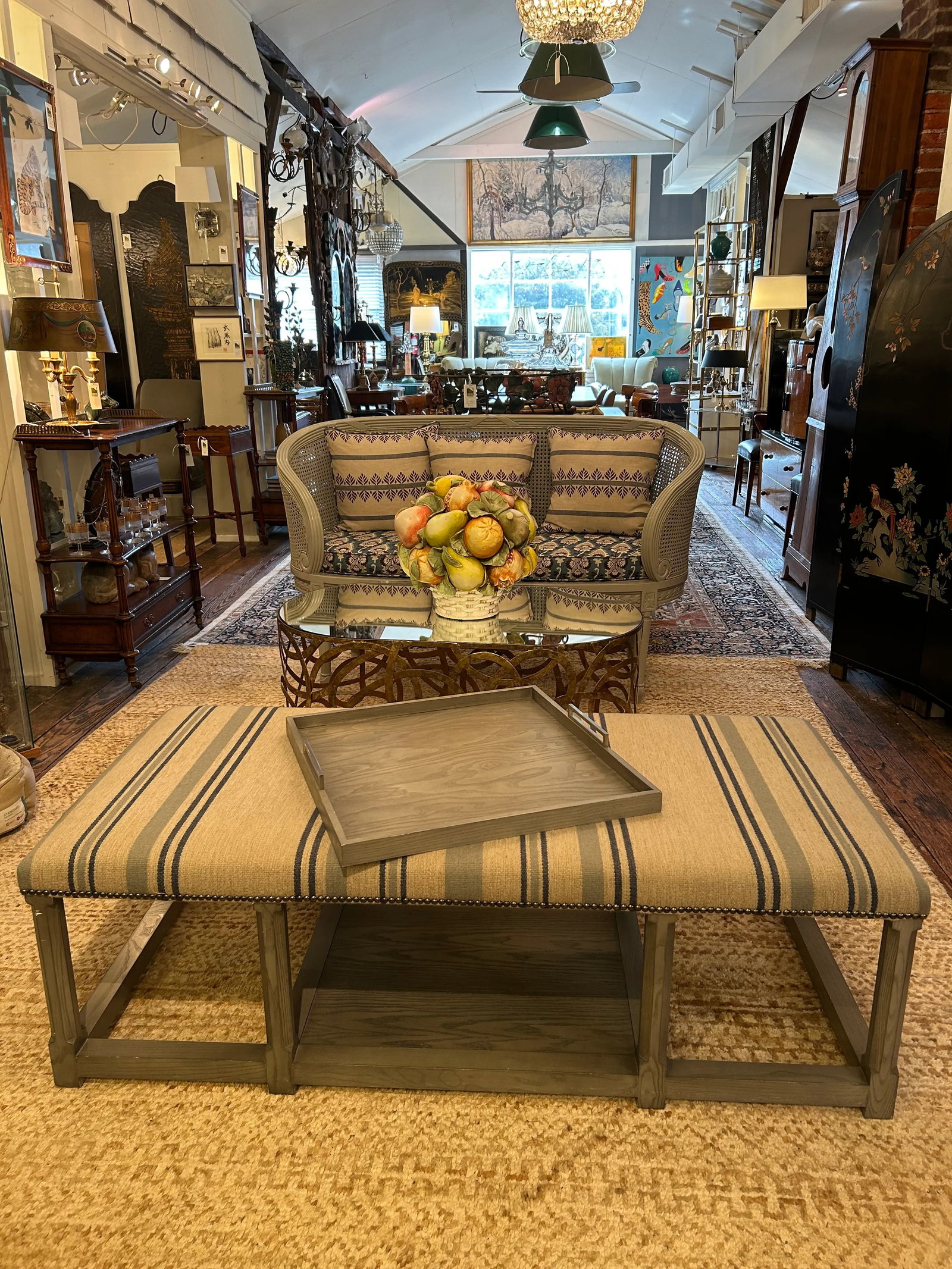 Very Large Classic Grey Wood & Upholstered Striped Ottoman - 6