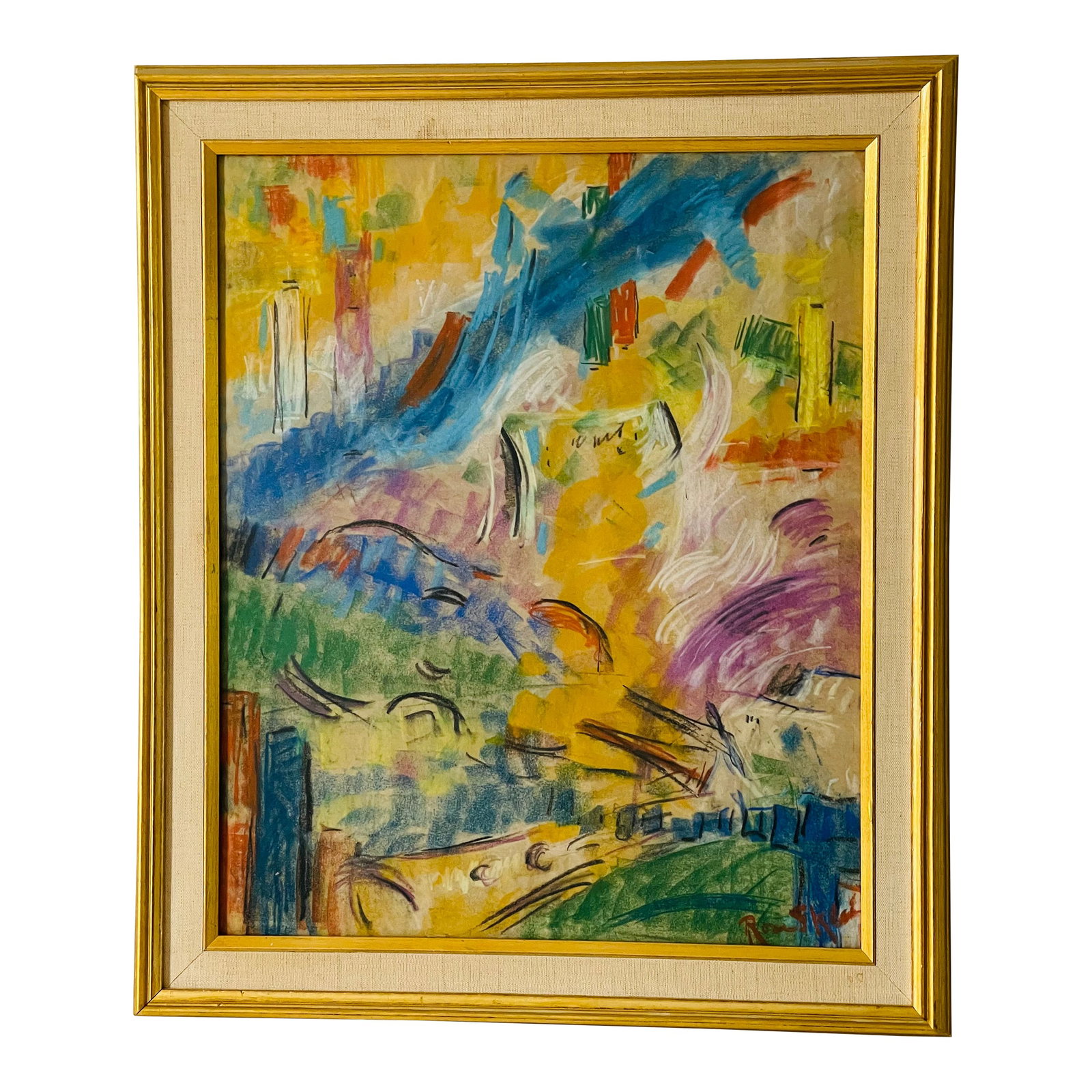 1950s Original American Abstract Gouache Painting Signed Framed: American abstract gouache on paper painting. Signed lower right . In original gold tone frame with mat glass for sun protection. Great period art piece. Condition: Alterations: Original Condition Unal
