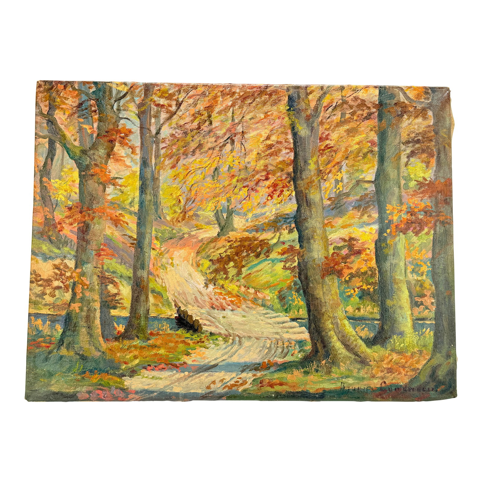 19th Century, "August Autumn Landscape" Oil on Canvas - Signed: Signed in lower right, but unidentified. This luminous autumnal woodland scene captures a winding country path that cuts gently through a dense canopy of trees, their foliage ablaze in a symphony of