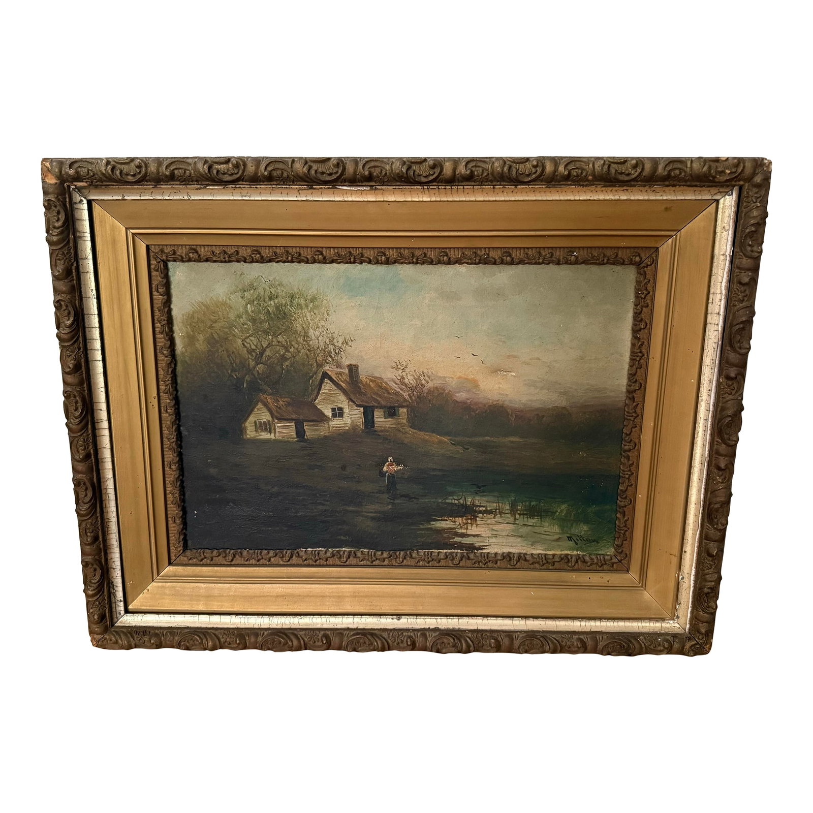 Original Framed Rustic Landscape Oil Painting: Original oil painting on canvas of a cabin along a small pond with a woman in front. Painting uses moody, dark tones. Signed "Milton". Beautiful antique wood frame with carved detail and gold gild.