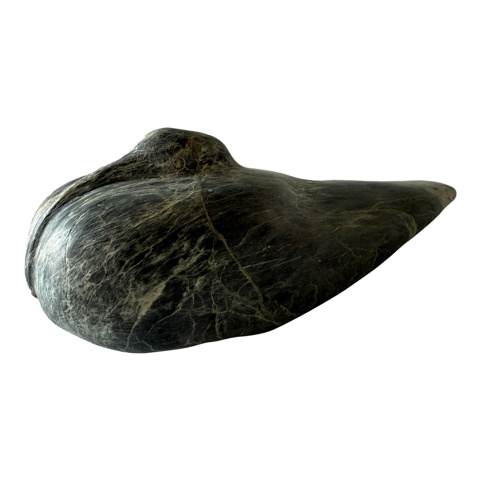 Hand Carved Soapstone Sculpture of a Bird: Vintage hand carved soapstone sculpture of a sleeping bird. Stone has beautiful gray and white veining and movement adding to the elegant and simple shape. Acquired from artist's estate. Unsigned.