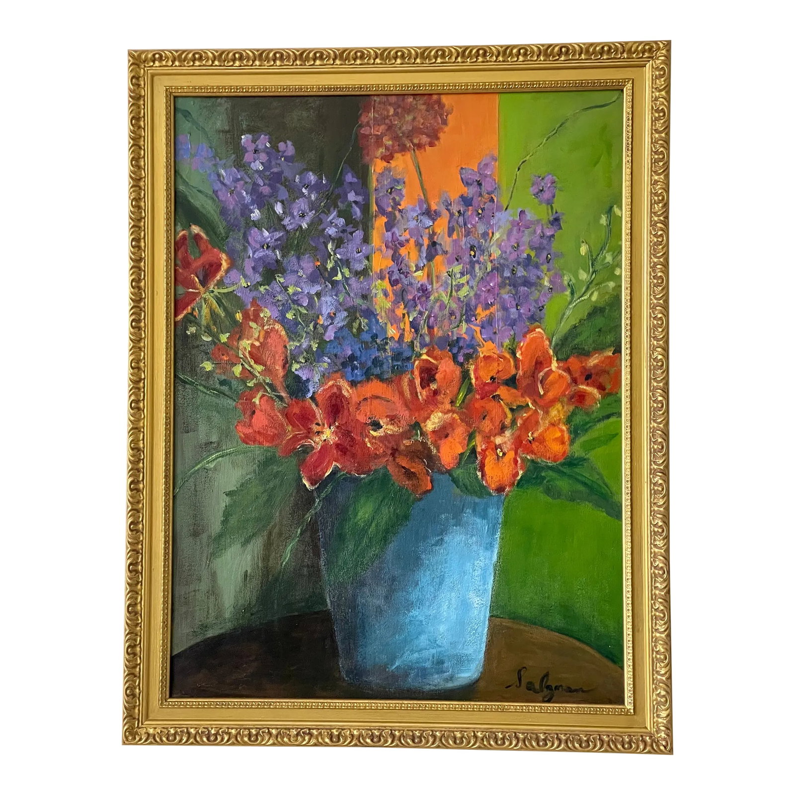 Great Floral Oil on Canvas Signed Painting: Vibrant floral still life - flowered in. Blue vase . Signed Slagman. In period gold frame. Condition: Alterations: Original Condition Unaltered Imperfections: Some Imperfections Condition Notes: Good