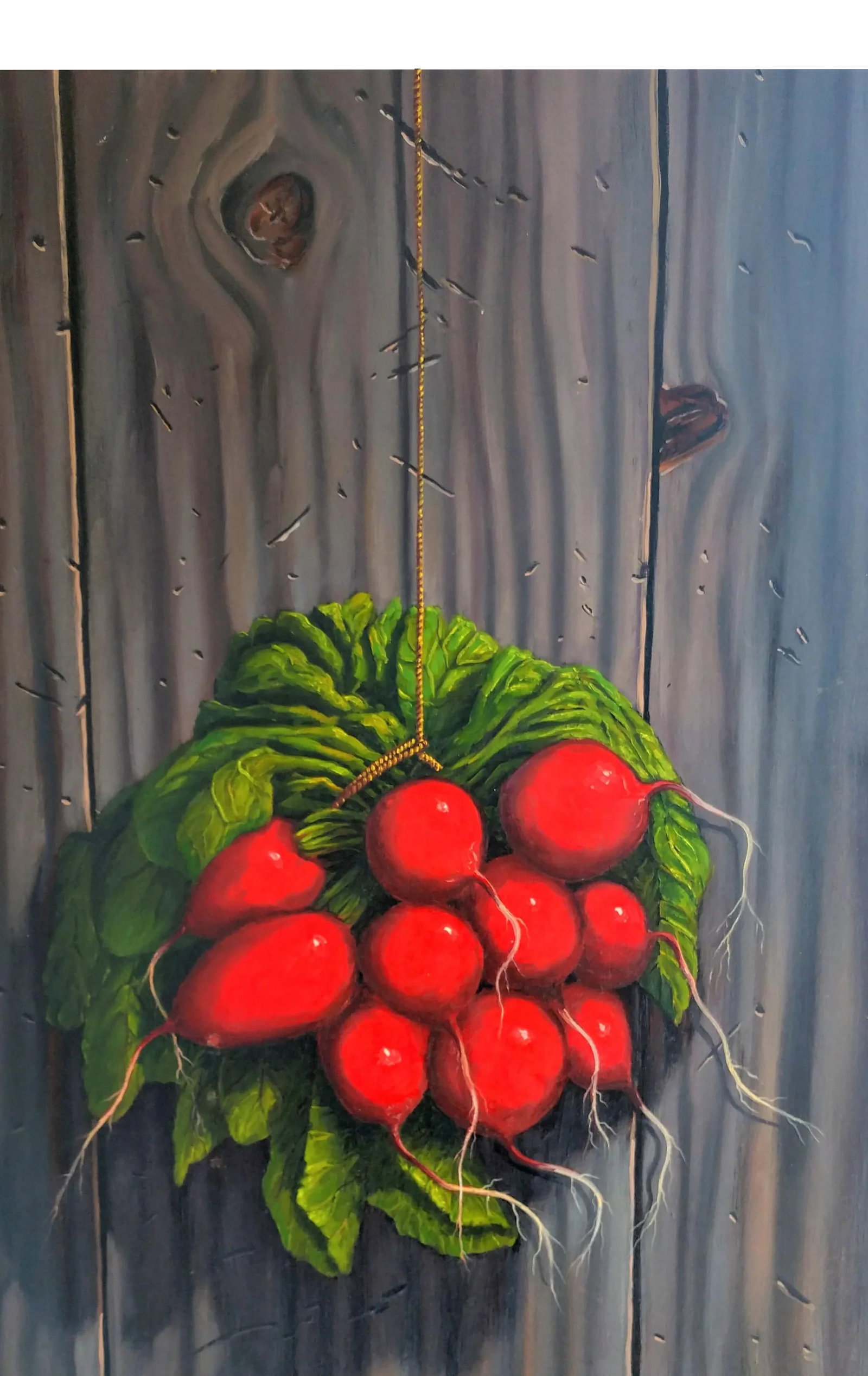 Radish Trompe l'Oeil Gallery Wrapped Still Life Painting by Thomas L. Brown: This gallery wrapped canvas painting by Thomas L. Brown features a very realistic bunch of hanging radishes against a backdrop of a gray wooden fence. Signed by the artist, 1999. Condition: