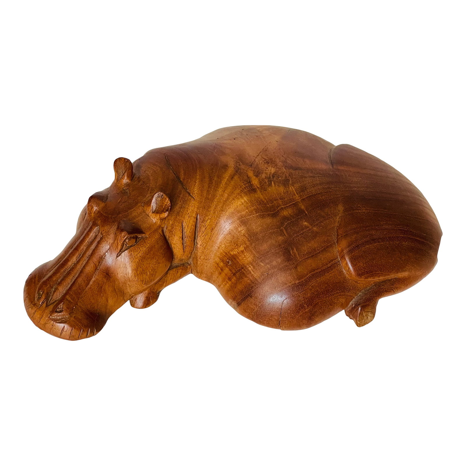 1960s Tropical Wood Handcarved Resting Hilo Sculpture: Splendid vintage tropical wood handcarved wood sculpture of a Resting Hipo. Artisan made Safari style decor. Condition: Alterations: Original Condition Unaltered Imperfections: Some Imperfections