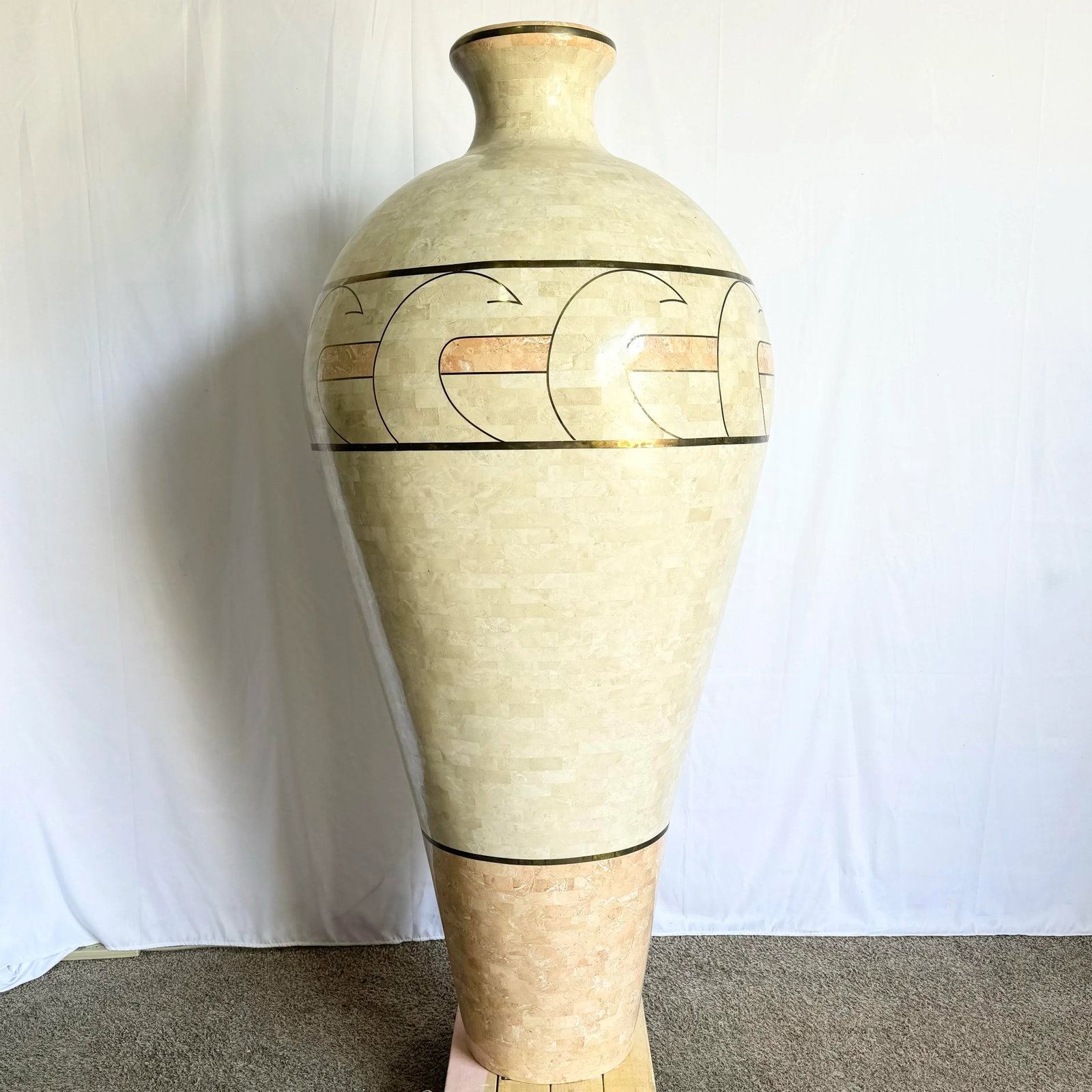 Monumental Polished Beige and Pink Tessellated Stone Floor Vase With Inlaid Brass - 11