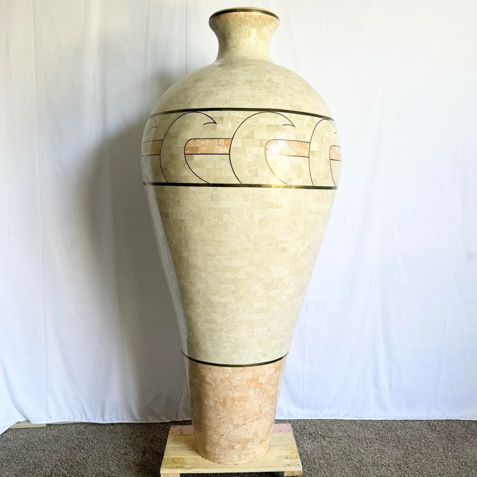 Monumental Polished Beige and Pink Tessellated Stone Floor Vase With Inlaid Brass - 2